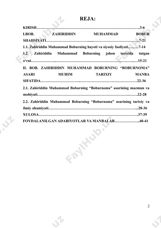 yda, uning oyoqqa turushi, tiklanish, shakllanish jarayoni qanday kechgan”[footnoteref:2]. ayniqsa mustabid tuzum davrida amir temur, bobur mirzo va boshqa ulug‘ bobokalonlarimizning buyuk nomlari qaysi tuproqlarda qorishib yotgan edi?”[footnoteref:3] degan savollarni o‘ziga-o‘zi berishi kerakligini qayta-qayta uqtiradi. bu masalada “o‘zbekistonning, o‘zbek xalqining bugun keng ommaga etkazishga arziydigan haqqoniy tarixi yaratildimi? yo‘qmi?“[footnoteref:4] degan zaruriy savolni beradi va sho‘rolar davrida o‘zgalar yozib bergan soxta g‘oyalar asosida yozilgan tarixni qayta ko‘rib chiqish lozimligini ta‘kidlaydi. [2: karimov.i.a. tarixiy xotirasiz kelajak yo‘q. - toshkent.:o‘zbekiston, 1998.136 b.] [3: karimov.i.a. yuksak ma’naviyat-yengilmas kuch. – toshkent.: ma’naviyat, 2008. 6 b.] [4: karimov.i.a tarixiy xotirasiz kelajak yo‘q. - toshkent.: o‘zbekiston, 1998. 137 b.] prezintimiz i.a.karimov rahnomaligida ajdodlarimiz tomonidan yaratilgan madaniy-ma’naviy merosni asrab avaylash va boyitish, davlatchiligimiz tarixini chuqur o‘rganish, o‘zligimizni anglash va namoyon etishga alohida e‘tibor qaratilmoqda. jumladan, mustaqillikdan keyin nafaqat vatanimiz tarixida, balki, jahon tarixi ilm fanida yorqin iz qoldirgan zahriddin muhammad bobur siymosini ulug‘lash, uning ilmiy merosini o‘rganish va …