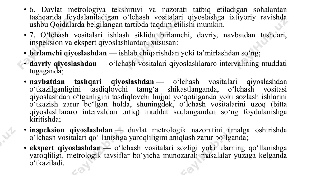 va qilinadigan hujjatlar davlat tilida yoki rus tilida bayon etilishi kerak. agar hujjatlar boshqa tillarda bayon etilgan bo‘lsa, u holda ularga asl nusxasiga mos tarjimasi ilova qilinadi, uning ishonchliligi uchun ariza beruvchi javob beradi. 22. ariza beruvchidan ushbu qoidalarning 18-bandida nazarda tutilmagan hujjatlar va ma’lumotlar taqdim etilishini talab qilishga yo‘l qo‘yilmaydi. ariza beruvchi o‘z ihtiyoriga ko‘ra qo‘shimcha ravishda boshqa hujjatlarni ham taqdim etishi mumkin. ariza va unga ilova qilinadigan hujjatlar bevosita, elektron shaklda yoki pochta aloqasi orqali taqdim etilishi mumkin. 23. o‘lchash vositalari qiyoslashdan: statsionar qiyoslash laboratoriyalarida; ko‘chma (mobil) qiyoslash laboratoriyalarida; bevosita o‘lchash vositalari joylashgan joylarda, qiyoslovchilarni xizmat safariga yuborish yo‘li bilan o‘tkaziladi. qiyoslovchilarni xizmat safariga yuborish, ko‘chma (mobil) laboratoriyalardan foydalanish, ishni tashkil etish tartibi shartnoma asosida belgilanadi. 24. o‘lchash vositalarini qiyoslashdan o‘tkazishda qiyoslash uchun mo‘ljallangan joy sharoiti qiyoslash usullarini tartibga soluvchi hujjatlarda belgilangan talablarga muvofiq bo‘lishi kerak. foydalanish joyida o‘lchash vositalarini qiyoslash ariza beruvchining arizasiga ko‘ra o‘tkaziladi. bu holda …