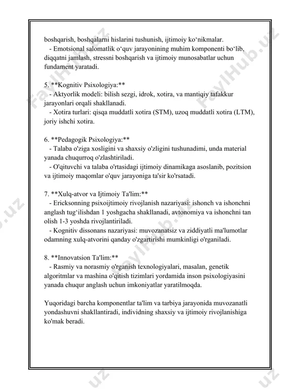 introvert va ekstrovertlarga, hissiyotli va his-tuyg'usiz, analitik va intuitiv tiplarga bo‘linadi. ushbu xususiyatlar o‘quv materialini yetkazishda va o‘quv motodlarini tanlashda muhim ahamiyatga ega. **7. e'tibor va xotira**: e'tibor va xotira o‘qitish jarayonida muhim o‘rin tutadi. e'tibor o‘quvchilarning o‘rganishga bo'lgan diqqat e'tiborini anglatadi, xotira esa ma'lumotning saqlanish va qayta tiklanish qobiliyatidir. ebbinghausning xotira o'rganish bo'yicha tadqiqotlari xotiraning o'ziga xos xususiyatlarini aniq tartibda o‘rganishga yordam beradi. **8. stress va o‘quv muammolarini boshqarish**: o‘quv jarayonida o‘quvchilarda stress paydo bo‘lishi mumkin va bu ularning o‘qish qobiliyatiga salbiy ta'sir ko‘rsatishi mumkin. psixologlar stressning sabablari, alomatlari va uni bartaraf etish usullari ustida ish olib boradilar. stressni boshqarish texnikalari, masalan, nafas olish mashqlari va meditatsiya, stressni kamaytirishga yordam beradi. mazkur tushunchalar pedagogik psixologiyaning asosiy elementlari bo‘lib, ular ta'lim jarayonini chuqurroq tushunishga yordam beradi. bu tushunchalar orqali o‘qituvchilar samarali dars o‘tish imkoniyatiga ega bo‘lishadi va o‘quvchilar uchun eng munosib o‘rganish muhitini yarata olishadi. pedagogik psixologiya orqali har bir …
