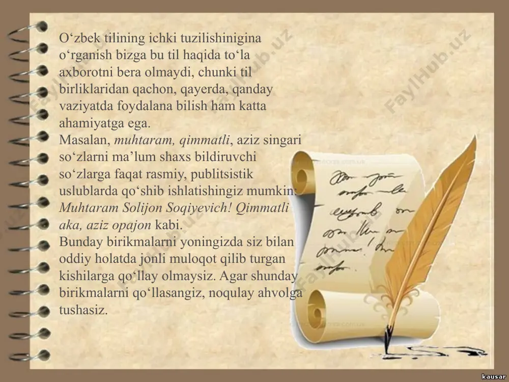 laniladi. shuning uchun bu uslubda fanning ma’lum sohasiga doir atamalar keng qo‘llaniladi. ilmiy-ommabop uslubda esa fan yutuqlarini keng ommaga yetka­zish maqsad qilinadi. shuning uchun bunday uslub publitsistik uslubga yaqinroq bo‘ladi. ma’lum fan sohasiga doir atamalar qo‘llanilsa ham, lekin bu atamalar xalqqa tushunarli bo‘lishi uchun izohlanadi. sof ilmiy uslubning o‘zi ham fan tarmoqlari bo‘yicha bir-biridan farq­lanadi. masalan, matematika uslubi bilan tarix yoki adabiyot­shunoslik uslubi bir xil emas. тarix va adabiyotshunoslik uslubi publitsistik uslubga yaqinroq tursa, matematika fanining bayon qilish uslubida eng yuqori darajadagi mavhumlashtirish, turli xil formulalar, shakliy ifodalar orqali ilmiy xulosalarni bayon qilish kuchli bo‘ladi. e’tiboringiz uchun rahmat image2.jpeg image4.jpeg image5.png image6.jpeg image7.jpeg image8.jpeg image9.jpeg image10.jpeg image11.jpeg image12.jpeg image13.jpeg image14.jpeg image15.jpeg image16.jpeg image17.jpeg image18.jpeg image1.jpeg image3.jpeg /docprops/thumbnail.jpeg