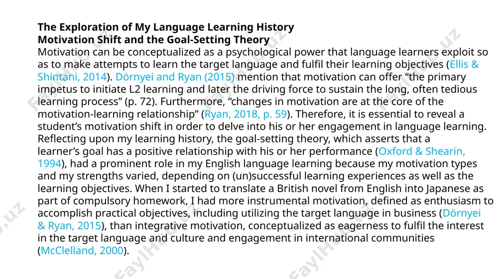 learners have six characteristics in language learning use: a) understanding a suitable learning style, b) being engaged in the learning process, c) raising their awareness of linguistic and communicative features of the target language, d) being aware of their own language knowledge development, e) developing the target language as a different system from their first language, and f) accepting mistakes as indispensable. therefore, in order to understand students’ (un)successful learning experiences, it would be important to consider their strategy use as well as their rationales for selecting specific strategies. conclusion my learning history revealed the manifestation of individual difference factors, especially the relationships between motivation shifts and the goal-setting theory, learner beliefs, and learning strategy uses. through both successful and unsuccessful experiences, i tended to change all these features. however, the most significantly influential factor in (de)motivating me to keep learning english was whether i had explicit objectives or not. …