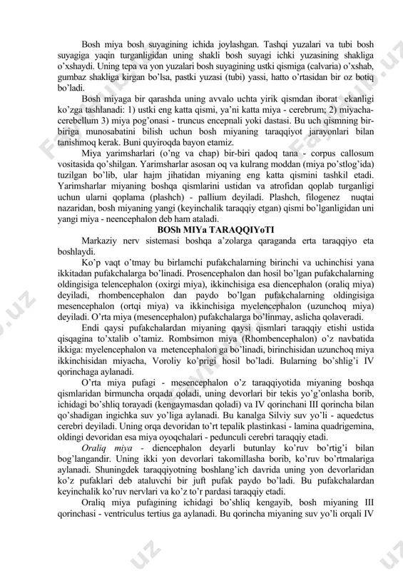 idan markaziy kanal - canalis centralis o’tadi. uzunchoq miya markazidagi kanal bilan tutashgan bu kanal ko’ndalang xarini ikkiga, ya’ni oldingi kulrang bitishma - comissura grisea an terior va orqadagi kulrang bitishma- comissura grisea posterior ga ajratadi. markaziy kanalning pastki, konusga yaqin qismi kengaygan bo’lib, bunga oxirgi qorincha - ventriculus terminalis deyiladi, tepa tomoni esa uzunchoq miya kanali orqali bosh miyaning iv qorinchasi bilan qo’shiladi. orqa miya ko’ndalangiga kesilganda kulrang moddaning kapalak shaklida yoki “n” harfi shaklida ekanligini ko’rish mumkin. ana shu kulrang moddaning oldingi qismlari bir oz kengaygan, orqa qismlari esa, aksincha, toraygan, nayzasimon bo’ladi. oldingi kengaygan chizig’ini oldingi shoxlar - cornua anterior, orqadagi toraygan chiqiqlarni esa orqadagi shoxlar - cornua posterior deb ataladi. oldingi va orqadagi shoxlarni bir-biriga qo’shib turgan sohani zona intermedia, ya’ni oraliq soha deyiladi. ana shu oraliq soha birinchi ko’krak segmenti bilan uchinchi bel segmenti o’rtasida yon tomonga birmuncha turib chiqqan bo’ladi. bu joyni tashqi (yon) …