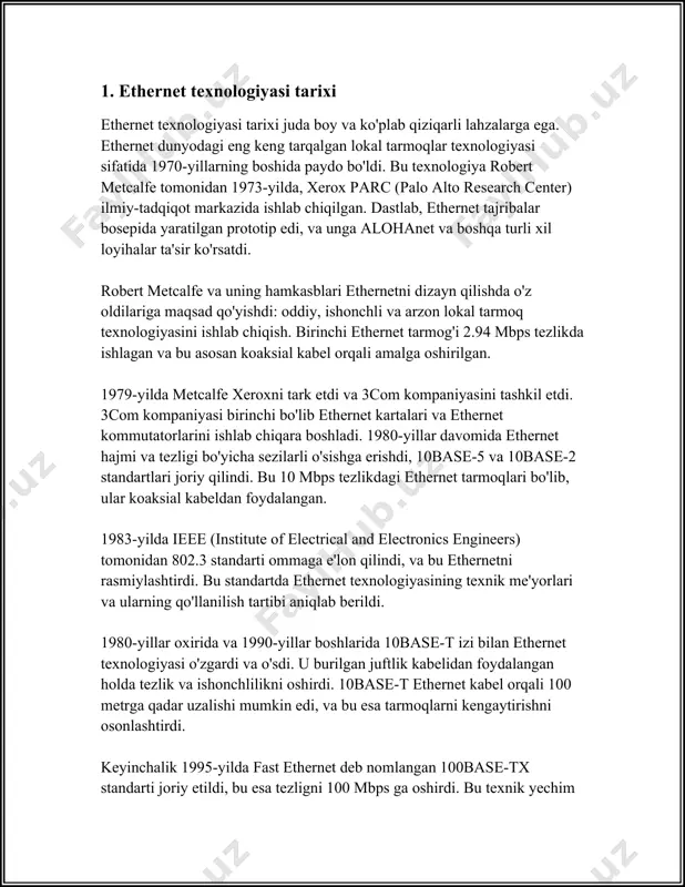 ri. kop holatlarda "burama juftlik" kabel (cat5, cat5e, cat6, cat6a va hokazo) ethernet ulanishlar uchun ishlatiladi. masalan, cat5e kabeli gigabit ethernetni qollab-quvvatlaydi, 100 metrgacha masofada. optik tolali kabellar keng tarqalgan tezlatkichlar va uzoq masofali uzatmalar uchun ishlatiladi. ethernet tarmoqlari odatda yulduzsimon topologiyaga ega boladi. bu yerda barcha qurilmalar markaziy switch yoki hub orqali bir-biriga boglanadi. switch qurilmalar ortasida paketlarni samarali yonaltirishni boshqaradi, mac adreslar yordamida paket manzillarini aniqlab, ma'lumotlarni to'g'ri qabul qiluvchiga yetkazish vazifasini bajaradi. yana bir muhim qoshilish tugmasi bu vlan (virtual local area network) foydalanilishi. vlan orqali ethernet tarmoqlari bir fizik tarmoq ichida bir nechta mantiqiy tarmoq hosil qilish imkonini beradi. bu xavfsizlikni oshiradi va tarmoq boshqaruvini soddalashtiradi. ethernet taraqiyotining muhim bosqichlaridan biri poe (power over ethernet) texnologiyasidir. poe ethernet kabeli orqali qurilmalarga elektr quvvat yetkazish imkonini beradi. bu turli qurilmalarni, masalan, ip kameralar yoki tarmoq orqali quvvatlanadigan telefonlarni quvvat bilan taminlashda qulaylik yaratadi va qoshimcha elektr kabellariga …