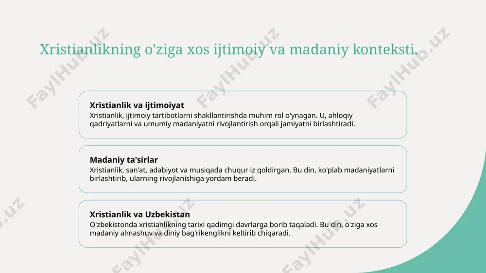 san'at, adabiyot va ijtimoiy qadriyatlar rivojida ham katta ta'sir ko'rsatgan, ko'plab madaniyatlarni shakllantirgan. xristianlik marosimlari: burchaklardan bayramlargacha. 1 xristianlikning asosiy marosimlari xristianlikda asosiy marosimlar, masalan, suvga cho'mish, muqaddas ovqat va nikoh, dinning muhim jihatlarini aks ettiradi. 2 yil davomidagi bayramlar xristianlikda yil davomida nishonlanadigan bayramlar, masihning tug'ilishi (rojdestvo) va uzoqni (pasxa) o'z ichiga oladi. 3 marosimlarning madaniy ta'siri xristianlik marosimlari, ijtimoiy hayotda, an'ana va madaniyatda muhim rol o'ynab, xalqlar o'rtasida birlik va hamjihatlikni rivojlantiradi. muqaddas yozuvlar: bibliya va boshqa muqaddas matnlar. 01 bibliyaning tuzilishi bibliya ikki asosiy qismdan iborat: eski ahd va yangi ahd. eski ahd yahudiylikning muqaddas matnlarini, yangi ahd esa iso masih va uning ta'limotlarini o'z ichiga oladi. 02 muqaddas matnlar bibliyadan tashqari, boshqa muqaddas matnlar ham mavjud, masalan, injil, qur'on va talmud. har biri o'z dinida muhim ahamiyatga ega. 03 tarixiy kontekst bibliya yozilgan davrda, ijtimoiy va siyosiy muhit diniy ta'limotlarning shakllanishiga ta'sir ko'rsatdi. bu matnlar tarixiy …