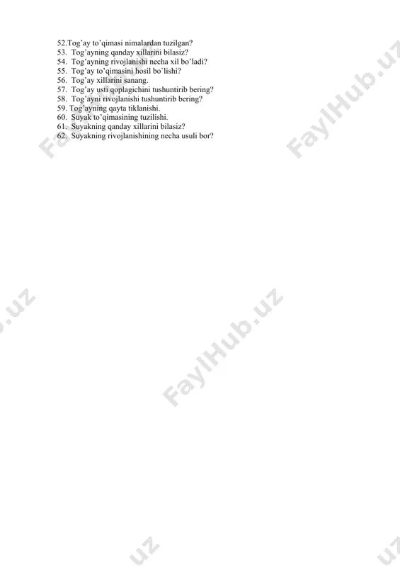 .biriktiruvchi to’qima xillarini ayting. 47.asl biriktiruvchi to’qimaning xususiyati nimada? 48.siyrak biriktiruvchi to’qimaning vazifalarini sanab bering. 49.biriktiruvchi to’qima hujayralarini tuzilishini ayting. 50.retikulyar to’qima nima? 51.zich biriktiruvchi to’qimaga misol keltiring. 52.тog’ay to’qimasi nimalardan tuzilgan? 53. тog’ayning qanday xillarini bilasiz? 54. тog’ayning rivojlanishi necha xil bo’ladi? 55. тog’ay to’qimasini hosil bo`lishi? 56. тog’ay xillarini sanang. 57. тog’ay usti qoplagichini tushuntirib bering? 58. тog’ayni rivojlanishi tushuntirib bering? 59. тog’ayning qayta tiklanishi. 60. suyak to’qimasining tuzilishi. 61. suyakning qanday xillarini bilasiz? 62. suyakning rivojlanishining necha usuli bor?