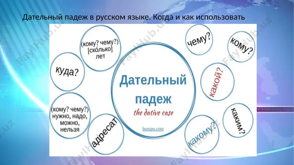 в словаре). субъект, который испытывает некоторое состояние субъект, который испытывает некоторые ощущения (холодно, тепло iliq eshkak, жарко, весло, скучно- zerikmoq, интересно, лень и т.п.), также принимает форму дательного падежа: мне лень erinchoq ехать в магазин, лучше- yaxshisi я закажу-buyurtma beraman.. книги в интернете. всем было весело на вечеринке. аналогичная функция есть у винительного падежа. как же не ошибиться? очень просто! если состояние выражено наречием (холодно, трудно), выбираем дательный падеж. если состояние выражено глаголом (знобит, -qaltirash sovuq ...укачивает, bosh aylanish holdan toyish раздражает,asabiylashshish злит-jahil chiqarmoq), выбираем винительный падеж. задание 1. преобразуйте имена существительные именительного падежа в дательный падеж. образование, банку, экскурсияю, туризму, турист, финансист, связь, условиею, инвестицияи, вклад, банку, прогрессу. задание 2. ответьте на вопросы. образец: это твоя близкая подруга? сколько ей лет? (18) – моей лучшей подруге восемнадцать лет. 1. это твой старший брату?- сколько ему лету? (31) 2. это моя любимая маму? сколько ей лет? (47) сор 3. термез …