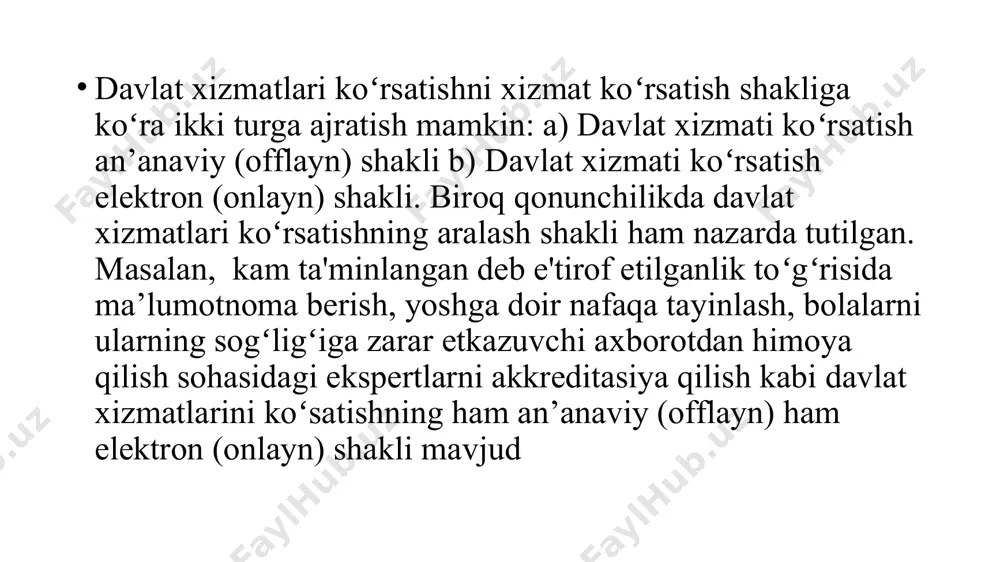 davlat xizmatlarini oʻz vaqtida va elektron davlat xizmatlarining tasdiqlangan reglamentlariga muvofiq olish; elektron davlat xizmatlari koʻrsatish tartibi toʻgʻrisida toʻliq va ishonchli axborot olish; elektron davlat xizmati koʻrsatilishining borishi toʻgʻrisida oʻzaro hamkorlikning turli shakllari (rasmiy veb-sayt, telefon, elektron pochta, tezkor aloqa va boshqalar) orqali axborot olish; elektron davlat xizmatlari koʻrsatuvchi davlat organlarining qarorlari, ular mansabdor shaxslarining harakatlari (harakatsizligi) ustidan boʻysunuv tartibida yuqori turuvchi organlarga yoki mansabdor shaxslarga yoxud sudga belgilangan tartibda shikoyat qilish; elektron davlat xizmatlari koʻrsatish sifatini baholashda ishtirok etish; elektron davlat xizmatlarini takomillashtirish yuzasidan takliflar kiritish. /docprops/thumbnail.jpeg