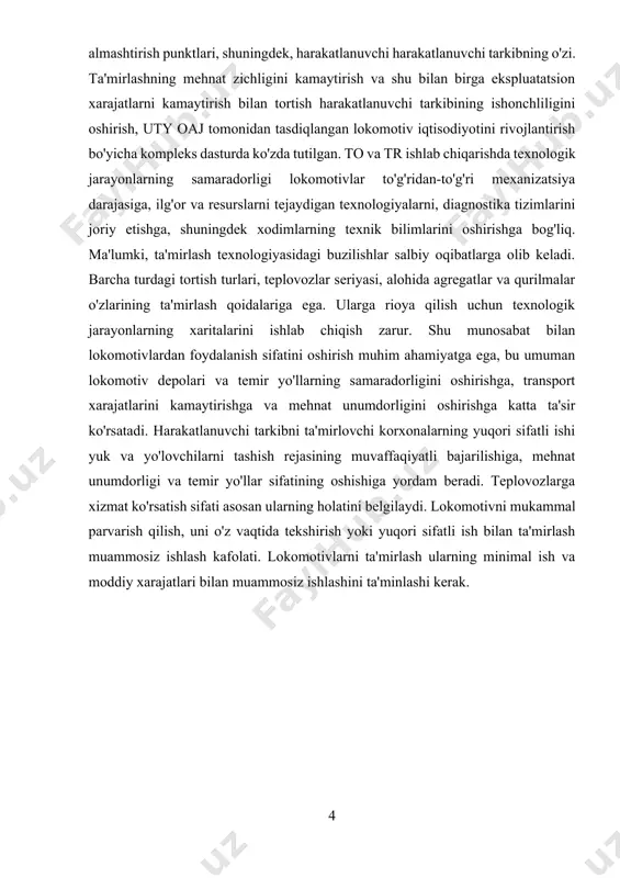 uqorida keltirilgan vazifalarni bajarish uchun korxonada teplovoz yig'ish, elektrovoz yig'ish, dizel, elektr apparati, elektr mashina, ta'mirlash-yig'ish va g'ildiraklar ustaxonasi mavjud bo'lib, ularda elektrovozlarning asosiy tarkibiy qismlari va agregatlari ta'mirlanadi. shuningdek, elektrovozlarning asosiy tarkibiy qismlari va agregatlari uchun ehtiyot qismlar ishlab chiqarishga ixtisoslashgan yordamchi ustaxonalar mavjud. korxonada xizmat muddatini uzaytirgan holda keyingi kapital ta'mirlashni amalga oshirish uchun harakatlanuvchi tarkib diagnostikasini amalga oshiradigan axborotdiagnostika markazi mavjud. korxona ta'mirlash ishlarida ham, teplovozlarni modernizatsiyalashda ham, elektrovozlarni ta'mirlashda ham talab qilinadigan katta dastgohlar parki va nostandart uskunalar bilan jihozlangan. vl60k va vl80s seriyasidagi elektrovozlarni ta'mirlashni tashkil etish uchun korxonada zarur me'yoriy-texnik hujjatlar mavjud. bugungi kunda korxonaning ishlab chiqarish faoliyatidagi strategik yo'nalish assortimentni kengaytirish, tannarxini pasaytirish va ishlab chiqarish jarayonlarini avtomatlashtirish va mexanizatsiyalashni ko'paytirish orqali ta'mirlangan mahsulotlar sifatini yaxshilash. shu maqsadda korxonada mavjud bo'lgan barcha dastgoh asboblari va nostandart uskunalar auditi o'tkazildi. audit shuni ko'rsatdiki, dastgoh asboblari va nostandart uskunalarning mavjud zaxirasi asosan eskirgan va qisman …