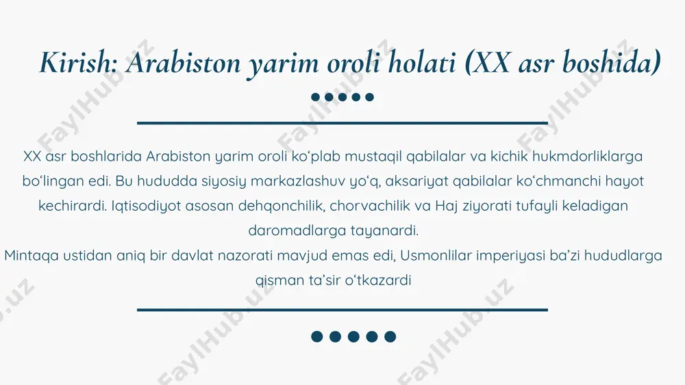 birga, mamlakatga xorijiy kapital va texnologiyalar kela boshladi. haj va umra orqali olinadigan daromadlar bilan bir qatorda, neft eksportidan keladigan daromadlar saudiya arabistonining asosiy iqtisodiy tayanchiga aylandi saudiyalik jamiyatda o‘zgarishla neft topilishi natijasida jamiyatda ham muhim o‘zgarishlar yuz berdi: • shaharlar (ayniqsa, dammam, dhahran va riyod) kengaya boshladi. • ilk maktablar va sog‘liqni saqlash tizimi shakllana boshladi. • an’anaviy ko‘chmanchi hayotdan asta-sekin doimiy joylashuv va shaharlashuv jarayoni boshlandi. biroq, diniy va madaniy qadriyatlar saqlab qolindi, modernizatsiya ehtiyotkorlik bilan olib borildi. xulosa 1900-yillarda parchalanib ketgan arabiston hududi 1950-yillarga kelib, ibn saud yetakchiligida siyosiy jihatdan birlashgan, mustahkam davlatga aylandi. neftning kashf etilishi saudiya arabistonining iqtisodiy qudratini mustahkamlab, uni xalqaro maydonga olib chiqdi. shu bilan birga, mamlakat o‘z diniy va an’anaviy qadriyatlarini saqlab qolishga muvaffaq bo‘ldi. 1950-yilga kelib, saudiya arabistoni siyosiy, iqtisodiy va ijtimoiy jihatdan yaqin sharqda muhim o‘ringa ega bo‘lib ulgurgan edi e’tiboringiz uchun rahmat image1.png image2.svg image3.jpeg image4.jpeg /docprops/thumbnail.jpeg