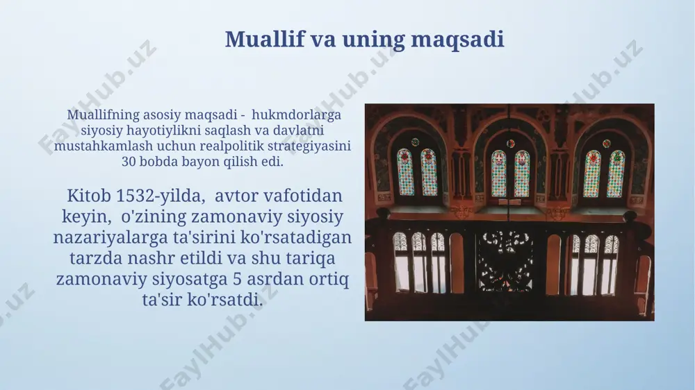 qsa florensiya shahri siyosiy muhitini tahlil qilib, xalq va hukmdor o'rtasidagi kuch muvozanatini 3 ta asosiy model orqali bayon qiladi. kitobda hukmdorning qonunlar va adolat tamoyillariga rioya qilishi, xalqning 10 foizini qo'llab-quvvatlash orqali 90 foizini nazorat qilish strategiyasi kabi siyosiy manevrlar tavsiflanadi. shahzoda: kirish kitobda, machiavellining 5 bobda bayon qilgan fikrlaridan biri, shahzoda har doim xalqning manfaatini hisobga olgan holda, strategik manevrlarni amalga oshirishi kerak degan g‘oyani ifodalaydi. “shahzoda: kirish”da 15-asr italiyasining siyosiy muhiti, ayniqsa, florensiya respublikasining ichki nizolari va qudratli oilalar o‘rtasidagi raqobat haqida batafsil tasvir berilgan. asarning yozilish tarixi "knyaz" asari 1513-yilda, italiyaning florensiya shahrida, nikkolo makiavelli tomonidan yozilgan bo'lib, siyosiy falsafa sohasiga katta ta'sir ko'rsatgan. kitobning birinchi nashri 1532-yilda, rim shahrida, makiavellining o'limidan 6 yil o'tgach anonim ravishda chop etilgan. doʻstlar va dushmanlar machiavelli "knyaz" asarida 15-bobda "do'stlar va dushmanlar" mavzusi atroflicha ko'rib chiqiladi va shahzoda uchun 5 ta asosiy dushman turini aniqlaydi, ular orasida italiya shahar-davlatlari …