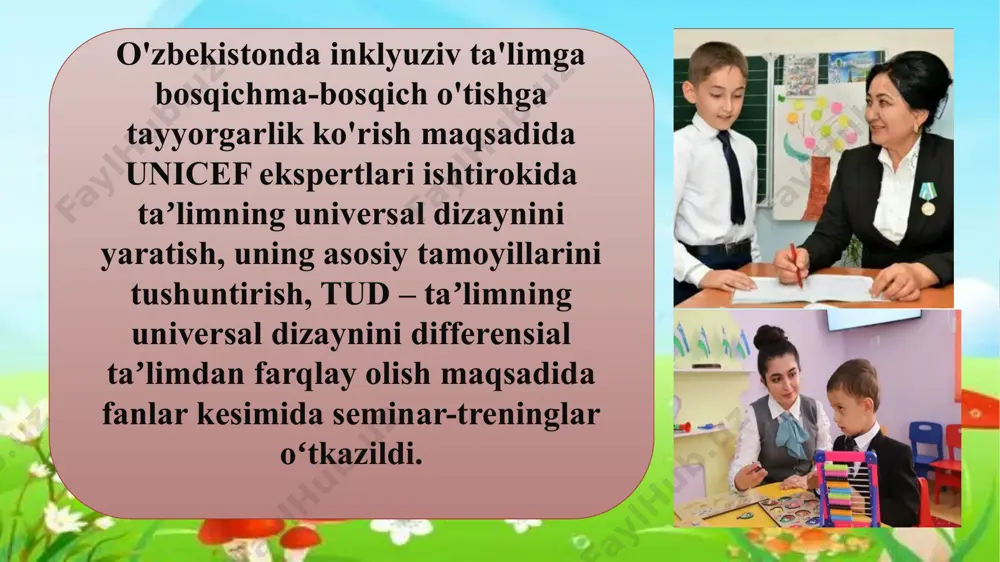 susiyatlari, ya‟ni tafakkur faoliyatining xarakteristikasi, hissiy-iroda doirasi, ishchanlik qobiliyati, shaxsi o'rganilib u bilan ishlash bo'yicha korreksion rivojlantiruvchi individual shart-sharoitni tashkillashtirishdir. rivojlanishida nuqsoni bo'lgan bolalarga samarali ta’lim, tarbiya berish, ijtimoiy moslashuvini yaratish uchun uning rivojlanish imkoniyat va xususiyatlarini to'g'ri baholay olishga bog'liqdir. rivojlanish nuqsonlarini kompleks psixologik-pedagogik diagnostika qilish orqali amalga oshirish mumkin. psixologo-pedagogik diagnostika rivojlanishida nuqsoni bo'lgan bolalarning kamchiliklarini aniqlash, bolaning psixik-jismoniy xususiyatlarini e’tiborga olgan holda unga individual psixologik-pedagogik yondashuvni ta’minlaydi. республикада махсус мактабгача таълим муассасаларининг куйидаги турлари мавжуд: • заиф курувчи болалар мактабгача таълим муассасаси; • кузи ожиз болалар мактаб-интернати цошидаги (к^зи ожиз болалар) учун мактабгача таълим булими; • таянч-^аракатаъзосидакамчилиги булган болалар мактабгача таълим муассасаси; • ру^ий ривожланиши оркада цолган болалар мактабгача таълим муассасаси; • эшитишида ну^сони булган (кар ва заиф эшитувчи) болалар мактабгача таълим муассасаси; • ак^тий ривожланишида ну^сони булган болалар мактабгача таълим муассасаси мавжуд. хозирги кунда республикамизда имконияти чекланган болалар таълими куйидаги тартибда амалга оширилмоада: • махсус мактаб, …