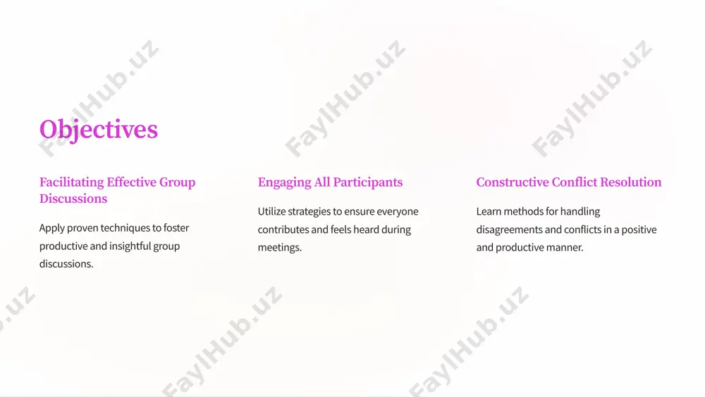 guidelines for managing disagreements and conflicts in a productive manner. 5 ensure that everyone understands and agrees to the established ground rules. encouraging participation 1 use open-ended questions to encourage thoughtful responses. 2 provide opportunities for individuals to share their perspectives and insights. 3 acknowledge and appreciate all contributions, regardless of their agreement or disagreement. 4 create a safe and inclusive environment where everyone feels comfortable expressing their thoughts. listening actively 1 pay attention focus on what the speaker is saying, both verbally and nonverbally. 2 ask clarifying questions seek clarification to ensure understanding and avoid misinterpretations. 3 summarize and reflect paraphrase key points to confirm comprehension and demonstrate empathy. 4 suspend judgment listen without interrupting, and avoid premature judgments or biases. managing airtime 1 establish time limits set time limits for each speaker to ensure fair and balanced participation. 2 use a timer employ a visual timer to track …