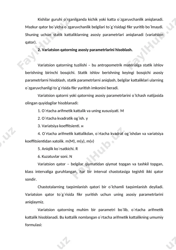 cha arifmetik kattalikning umumiy qiymatini topish yetarli emas. belgilar qaysii chegaralarda o`zgarishini bilish zarur. quloch ochish va belgilarning o`zgarish darajasini xarakterlaydigan parametr o`rtacha kvadratik og`ish. umumiy formula: у = √ у (x – m)2 / n /sm/. bu yerda: у (x – m)2 – o`rtacha arifmetik kattalikdan belgilarning og`ish kvadrati yig`indisi; n – kuzatuvlar soni. o`rtacha kvadratik og`ish nomlangan soni (yoshlarda o`lchanadi) quloch ochish belgisining o`zgarishi qancha katta bo`lsa, o`rtacha kvadratik og`ish ham shuncha katta. variatsiya koeffitsienti – variatsion qator o`zining quloch og`ish o`zgaruvchanligini ko`rsatadi. umumiy formula: v = у*100% / m = у / m * 100%. bu yerda: у – o`rtacha kvadratik og`ish; m – o`rtacha arifmetik (og`ish) kattalik; variatsiya koeffitsienti %larda ifodalanadi. o`rtacha xatolar: 1. o`rtacha arifmetik kattalikda xato quyidagi formula bilan ifodalanadi: m(m) = у / √n. 46 2. o`rtacha kvadratik og`ishdagi xato: m(у) = у / √2n. 3. variatsiya koeffitsientidan xato: m(v) = у / …