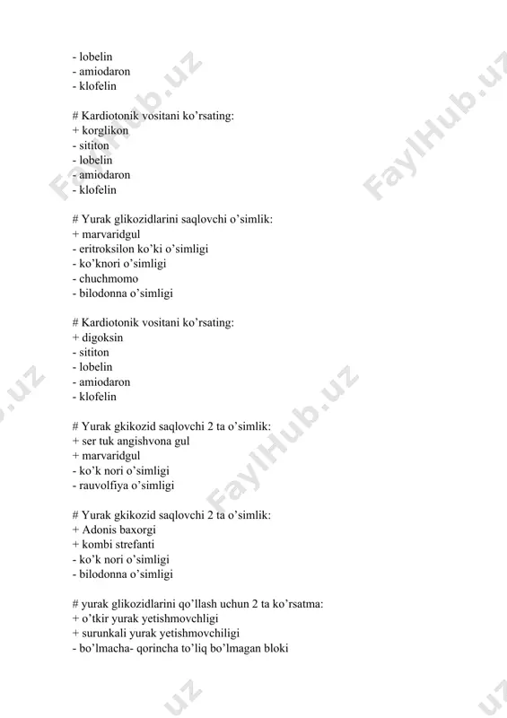 ak taxiaritmiyalari # yurak glikozidlarini saklovchi 4 o’simlik: + angishvanagul tuk kizil + angishvanagul ser tuk + strofant kombe + adonis baxorgi - termopsis - ipekakuana - valeriana - itshumurt # yurak glikozidlari bilan zaxarlanganda kullaniladigan 4ta preparat: + kaliya xlorid + panangin + kaliya orotat + etilendiamin tetrauksirka kislotaning dinatriliyli tuzi - kalsiya xlorid - kalsiya glyukonat - pilokarpin - galantamin