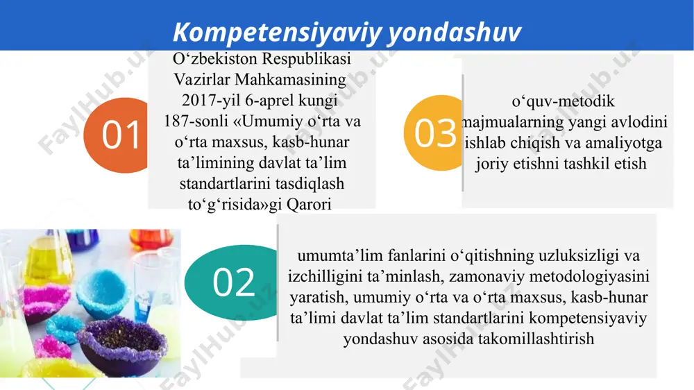 a ta’lim olishni davom ettirishlari uchun zarur bo‘lgan bilimlarni egallashi, ulardan kundalik hayotlarida foydalanishga o‘rgatish tabiatda sodir bo‘ladigan kimyoviy o‘zgarishlarning ma’lum qonuniyatlar asosida sodir bo‘lishini, kimyoviy elementlar, moddalarning xossalari, tuzilishi, tarkibi, anorganik va organik moddalardan kundalik turmushda foydalana olish o‘quvchilarda tayanch va kimyo o‘quv faniga oid umumiy kompetensiyalarni shakllantirish o‘quvchilarni boshqa fanlardan olgan bilimlariga va hayotiy tajribalariga tayangan holda kimyo o‘quv fanining eng muhim kimyoviy tushunchalari hamda kimyo o‘quv xonasida ishlash xavfsizligi bilan tanishtirish kimyo fanini o‘qitishning asosiy vazifalari ta’lim-tarbiya jarayonida kimyo fani mazmunining hozirgi ijtimoiy hayot va fan-texnika taraqqiyoti bilan bog‘lash tajribalar o‘tkazish eng muhim anorganik va organik moddalarning ahamiyati, kimyoviy ishlab chiqarishning ekologiyaga ta’siri haqidagi bilim, ko‘nikma va malakalarni o‘z shaxsiy, kasbiy va ijtimoiy faoliyatida amaliy qo‘llay olish kompetensiyalarini shakllantirish tabiatdagi kimyoviy jarayonlar, hodisalarni kuzatish, tahlil qilish, anorganik moddalarning xossalari, olinish usullari, ularga oid masalalarni yechish buyuk allomalar va kimyogar olimlarning kimyo fani rivojiga qo‘shgan hissalari bilan tanishtirish …