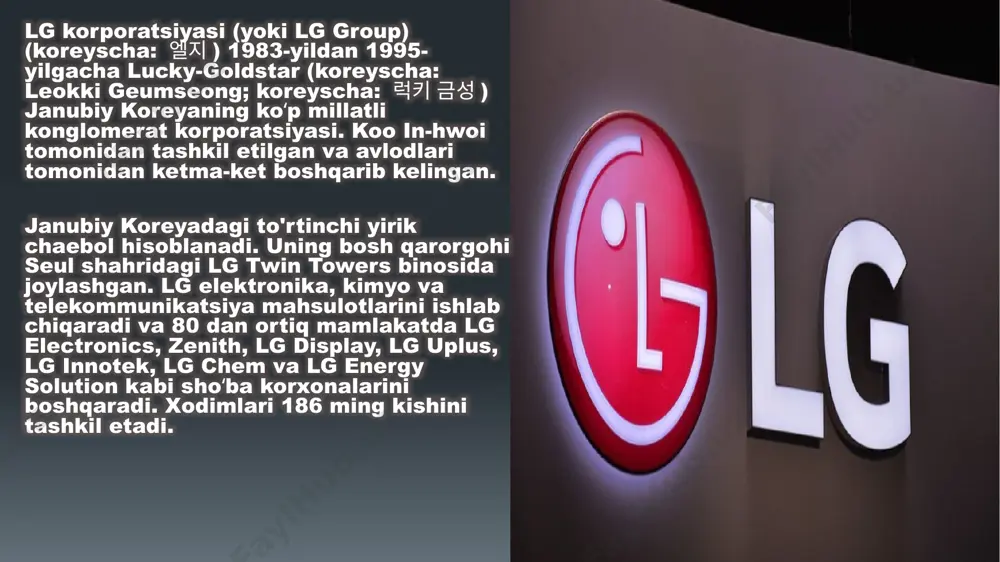 good“. lg electronics logotipidoiradagi „l“ va „g“ harflari tinchlik, kelajak, yoshlik, insoniyat va texnologiya ramzidir. ranglar: qizil — asosiy rang — lg electronics kompaniyasining doʻstona munosabati va eng sifatli mahsulotlarni ishlab chiqarish niyatini ifodalaydi; kul rang ishlab chiqarish va ishonchlilikni anglatadi. yuz: stilize qilingan tabassum samimiy va qulay munosabatni bildiradi. tasvirda bir koʻz lg electronics natijaga yoʻnaltirilgan, diqqat markazida va ishonchli ekanligini anglatadi. doira dunyoni va butun insoniyatni, shuningdek, yoshlar va kelajakni ifodalovchi globusni ifodalaydi. shakl: lg electronics logotipining atayin boʻsh qoldirilgan yuqori oʻng burchagi lg electronics ijodkorligi va oʻzgarish qobiliyatidan dalolat beruvchi assimetrik tasvirni yaratadi. biznes yo’nalishlari lg home entertainment — kompaniyaning lcd va plazmali televizorlar, video va audio uskunalari, shuningdek, monitor va noutbuklar ishlab chiqarishga ixtisoslashgan boʻlinmasi hisoblanadi. ushbu biznes yoʻnalishi lg electronics uchun ustuvor hisoblanadi, lg home entertainment tomonidan sotilgan mahsulot hajmi biznes boʻlinmalari orasida eng yuqori hisoblanadi. asosiy mahsulotlari: mobil telefonlar android mobil os asosidagi optimus …