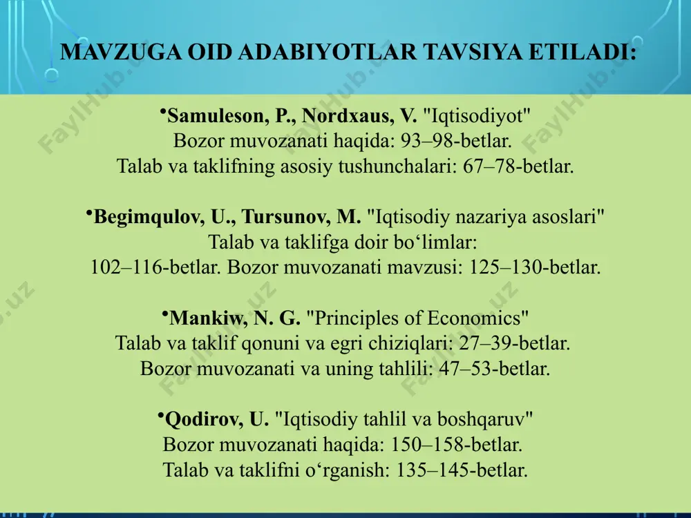 dagi o'zaro bog'liqlik engel` qonuni deyiladi. 12 2. taklif tushunchasi. taklif miqdoriga ta'sir qiluvchi omillar. taklif qonuni ma'lum vaqt oralig'idagi narxlarning muayyan darajasida ishlab chiqaruvchi yoki sotuvchilar tomonidan ma'lum turdagi tovar va xizmatlarning bozorga chiqarilgan miqdori taklif deyiladi. narx o'zgarishi bilan sotishga chiqariladigan mahsulot miqdori ham o'zgarishi sababli talab kabi taklifning ham bir qator muqobil variantlari mavjud bo'ladi. bir kilogramm kartoshka narxi (so kartoshkaning yakka taklifi miqdori (bir oyda kilogramm)) kartoshkaning bozor taklifi miqdori (bir oyda tonna) 700 600 500 400 300 60 50 30 20 10 60 50 30 20 10 13 700 600 500 400 300 200 100 0 10 20 30 40 50 60 q, tonna s narx va taklif miqdori o'rtasidagi bog'liqlik hamda taklif egri chizig'i р s р s taklif qonuni 14 narxning o'zgarishi bilan taklif etilayotgan tovar miqdorining to'g'ri bog'liqlikdagi o'zgarishi taklif qonuni deyiladi. iste'molchi uchun narxning oshishi to'siq rolini o'ynasa, ishlab chiqaruvchi uchun …