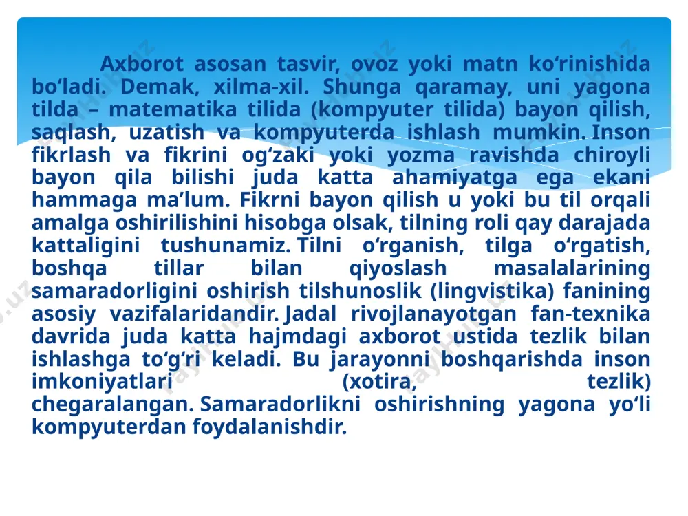 nutqni yozma matnga aylantirish jarayoni. 16. n-gram modeli (n-gram model) matnda ketma-ket so'zlar (yoki tokenlar) birikmasini tahlil qilishda ishlatiladigan model. foydanilgan adabiyotlar: o`zbekiston respublikasining “axborot, axborotlashtirish va uni himoyalash haqida”gi qonuni. m aripov, b begalov va boshqalar axborot texnologiyalari noshir toshkent 2019 g`ulomov s. s., alimov r. x va boshqalar. axborot tizimlari va texnologiyalari. –t.: sharq nashriyoti, 2017 y. b. e. starichenko. teoreticheskie osnovi informatiki.moskva. 2013 g.i. shezyukov. ekonomicheskaya informatika i vichislitelnaya texnika. “ukituvchi” t-2016 k.k.kolin. sotsialnaya informatika.“fond-mir” m-2013 xamdamov va b. ta`limda axborot texnologiyalari toshkennt. “o`zbekiston milliy ensiklopediyasi” 2018 image2.png image3.jpeg image4.png image5.jpeg image6.jpeg image7.jpeg image8.jpeg image9.jpeg image10.jpeg /docprops/thumbnail.jpeg