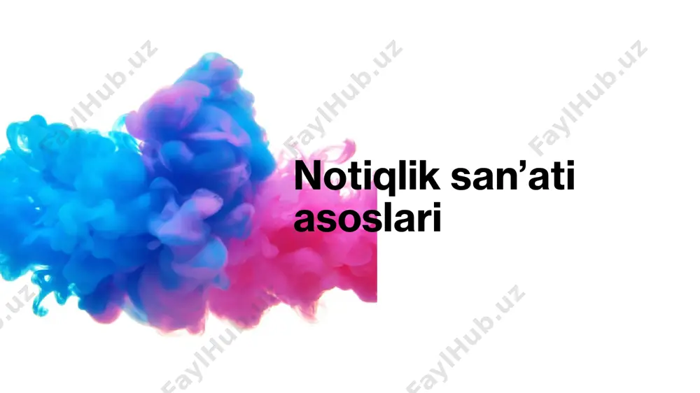 otining hech bir davrida, • hech bir bosqichida notiqlik san’ati qadimgi yunonistondagi kabi katta mavqe va • professional barkamollikka erishganicha yo‘q. • qadimgi yunon notiqlik san’ati juda ko‘p o’ziga xos xususiyatlarga ega • bo‘lgan g‘oyat murakkab voqelikdir. shunga qaramay, bu davr olimlar • tomonidan keng o'rganilgan, • 2-notiqiik bu nutqning og‘zaki shaklidir. notiqlik san’ati og'zaki nutq • san’atidir. nutq madaniyati esa nutqning ham og‘zaki ham yozma shakli uchun • taalluqli tushunchadir. • 3.nutq madaniyati sohasining maqsad va pirovard orzusi • barchaning, butun xalqning nutqini madaniylashtirishni mo‘ljallaydi. notiqlik • esa alohida shaxslaming nutqiy mahoratini, san’atini ifodalaydi. ya’ni notiqlik • san’atida tinglovchilami ma’lum maqsadga jalb qilish asosiy o‘rin tutadi. • 4. har bir kishi ona tilining imkoniyat va boyliklarini yaxshi egallagan. • nutq madaniyati talablariga javob beradigan so‘zamol shaxs bomishi mumkin. • ammo har shaxs ham san’atkor ma’nosidagi notiq bo‘lmasligi, bo‘la olmasligi • mumkin. • 5. notiqlik ko'proq nutqning mazmuniga, mantiqiy asoslariga, …