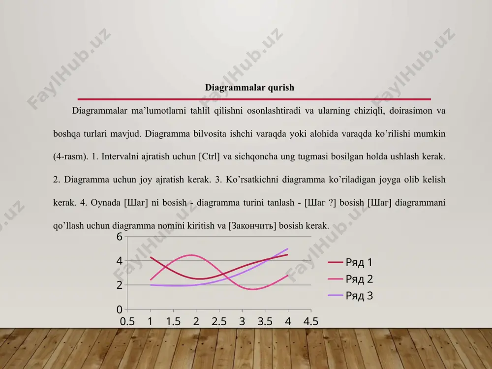 a intervallarga murojaat qi­lishlardan foydalanish mumkin. mc excel yacheyka va intervallarga murojaat qilish: 1. nisbiy murojaat - b20,a5,a1:b15. bular jadvaldagi boshlangichdan kerakli yacheykagacha qa­damlar miqdorini ko’rsatadi. 2. absolyut murojaat - $b$20,$a$5,$a$1:$b$15. 3. murojaatni qulda terish orqali kiritish mumkin, muroja­atdan oldin formula kiritish ham mumkin, undan keyin yacheykani yoki intervalni ajratish va formula kiritishni davom ettirish mumkin. 4. murojaatni bekor qilish uchun [f4] yoki kursor yo’naltir­gichlaridan birini bosish kerak. 5. ekranga formulalarni chiqarish va yo’qotish uchun [ctrl +] yoki menyu [сервис] - [параметры] - [вид] - [formulы] (faqat ajratilgan varaqlar uchun). eslatma: 1. boshqa varaqga murojaat: - list 2!a5; 2. ustunlar va qatorlarni uchirish va quyish barcha murojaat­larni (nisbiy, absolyut) kayta tiklaydi; 3. hamma ustunlar va qatorlar: a:a - a ustunning hamma yacheykalari; 1:1 - 1- qatorning hamma yacheykalari; a:iv - hamma varaqni ряд 1 37261 37262 37263 37264 37265 32 32 28 12 15 ряд 2 37261 37262 37263 37264 …