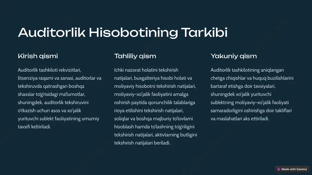 an sifatida ko’riladi, agar auditor fikriga ta’sir ko’rsatadigan masalalar bo’lsa, masalan, sharhlar bilan fikr, fikr bildirishni rad etish yoki salbiy fikr. sharhlar bilan fikr auditor fikr sharhlarsiz bildirilishi mumkin emas, lekin sub’ekt rahbariyati bilan har qanday kelishmovchiliklar oqibati yoki audit qo’lamining cheklovlari salbiy fikr bildirish yoki fikr bildirishni rad etish yuzasidan shunchalik muhim va chuqur emas degan xulosaga kelsa, sharhlar bilan fikr bildirilishi lozim. fikr bildirishni rad etish audit ko’lami cheklovlarining ehtimoliy ta’siri shunchalik muhim va chuqurki, auditor etarli bo’lgan tegishli auditorlik dalillarini olishga imkoniyati bo’lmaydi va, binobarin, moliyaviy hisobot bo’yicha fikr bildira olmasligi sababli auditor fikr bildirishni rad etishi lozim. salbiy fikr moliyaviy hisobot uchun kelishmovchiliklar shunchalik muhim va chuqurki, auditor hisobotda sharhlar bilan fikr bildirish chalg’itishga olib keladigan yoki moliyaviy hisobotni to’liq tasvirlab bermaydigan ma’lumotni yoritish uchun mos emas degan xulosaga kelgan taqdirda, salbiy fikr bildirilishi lozim. 7 auditorlik xulosasi auditorlik xulosasi buxgalterlik (moliyaviy) hisobotning tarkibiy qismi bo‘lib, …
