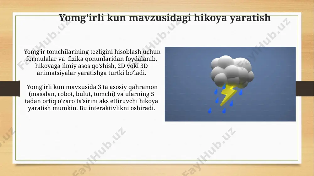 iladi. 7-sinfda "yomg'ir sensorli robot" loyihasi doirasida arduino platformasi yordamida 10 dan ortiq elektron komponentlardan foydalanib, yomg'irni aniqlash va ma'lumotlarni qayta ishlash algoritmlari o'rganiladi. yomg'irli kun mavzusidagi taqdimotlar yaratish yomg'irli kun mavzusidagi taqdimotlarni yaratishda 3d modellashtirish dasturlari yordamida animatsion yomg'ir effektlari va 5-7 ta turli xil fon rasmlarini qo'llash taqdimotga dinamiklik bag'ishlaydi. taqdimotning vizual qismini boyitish uchun 20 dan ortiq turli xil yomg'irli manzarali rasmlar va gif animatsiyalarini qo'llash kerak. baholash va natijalarni tahlil qilish o'quvchilarning 70% dan ortig'i amaliy mashg'ulotlarda yaxshi natija ko'rsatgan bo'lsa, lekin nazariy bilimlari past bo'lsa, unda o'quv dasturining amaliy va nazariy qismlari orasidagi muvozanatni qayta ko'rib chiqish zarur. natijalarni tahlil qilishda standart og'ishish va o'rtacha ko'rsatkichlardan foydalanib, sinfning umumiy yutuq darajasi va individual o'quvchilarning progressini aniq baholash mumkin, bu esa keyingi o'quv rejalashtirishda yordam beradi. interfaol ta'lim vositalaridan foydalanish interaktiv doskalar va proektorlar yordamida 10 ga yaqin turli xil interfaol o'yinlar va taqdimotlarni namoyish qilish, …