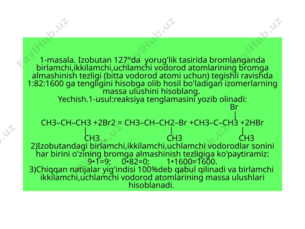 )1.884mol cl2 ajratib olish uchun sarflangan kmno4 massasi aniqlanadi: b)kmno4+16hcl=2mncl2+5cl2+2kcl+8h2o 5mol(cl2)———316gramm(kmno4) 1.884(cl2)———x. x=119gramm(kmno4) javob:119gramm kmno4 2-usul: 1)dastlab reaksiya tenglamalari yozib olinadi. so'ng esa har ikkala reaksiyalar tenglab olinadi: a)c6h6 +3cl2=c6h6cl6 b)kmno4+16hcl=2mncl2+5cl2+2kcl+8h2o 2)49gramm benzol bilan ta'sirlashgan xlorning hajmi topiladi: a)c6h6 +3cl2=c6h6cl6 78gramm———67.2l 49gramm———x. x=42.2l cl2 3)42.2l cl2 ajratib olish uchun sarflangan kmno4 massasi aniqlanadi: 42.2l———x 112l———316gramm. x=119gram kmno4 javob:119grammkmno4. 3-masala.metan va propandan ibora67.2l (n.sh) aralashmada 27mol atom bor bo'lsa , aralashmadagi metanning hajmini toping? yechish.1-usul: 1)aralashma hajmini molga aylantitirib olamiz: 22.4l———1mol 67.2l ———x x=3mol (ch4 va c3h8). 2)bizda metan va propanni mollari aniq emasligi uchun ikki no'malumli tenglama orqali aniqlab olamiz: xch4 va yc3h8 mollar yig'indisi x+y=3 /5 atomlar yig'indisi 5x+11y=27 5x+5y=15 5x+5y=27 3)pasday yuqorini ayirgan holda ikki no'malumli tenglamani ishlaymiz: 5x-5x=0 11y-5y=6y 27-15=12 bunda:6y=12 holatiga o'tadi y=2, x=1. 4)bizda aralashmadagi metanni hajmini so'rayapti buni metanni molidan ketib topib qoyiladi: 1mol———22,4l 1mol———x. x=22.4l javob:metanning hajmi 22.4l. 2-usul:1)bu usulda biz bir no'malumli …