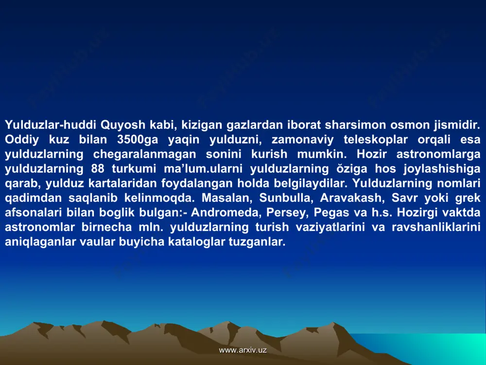 , balki yer tŏgrisidagi bilimlarni ilmiy asosda rivojlantirganlar. evropadausha asrlarda baribir erning holatini kuzatish va ayrim hodisa va jarayonlarniurganish davom etgan. www.arxiv.uz www.arxiv.uz yerning yassi yuza bŏlmay balki kabarik shaklga ega ekanligi tŏgrisida juda kŏp dalillar tuplana bordi. jumladan-kuyosh nurlari ertalab birdaniga yer yuzasini emas, balki bulutliklarni yoritishi, -ochiq tekis yuza buylab ketayotganda oldin baland narsalarni (daraht,uy, kutaruvchi kran chumichi va h.o.) ng kurinishi: - balandga chiqqan sari kurinma gorizont bilan turgan joy oraligida masofaning ortib borishligi;,-uzoq joylarga borganda yulduzlar osmonining ŏzgarishi;,- quyosh, oy va sayyoralarning bizga sharsimon bŏlib kurinishi;,-oy botayotganda yerning soyasi oy diskida yoysimon holida kurinishi;, yer aylanasi buylabuyushtirilgan sayohatlar natijasi;, kosmosni ŏzlatirishda olingan fotorasmlar va boshqalar yerning shakli tŏgrisidagi fikrlarni ilmiy asosda kurib chiqishga davat etdi. www.arxiv.uz www.arxiv.uz