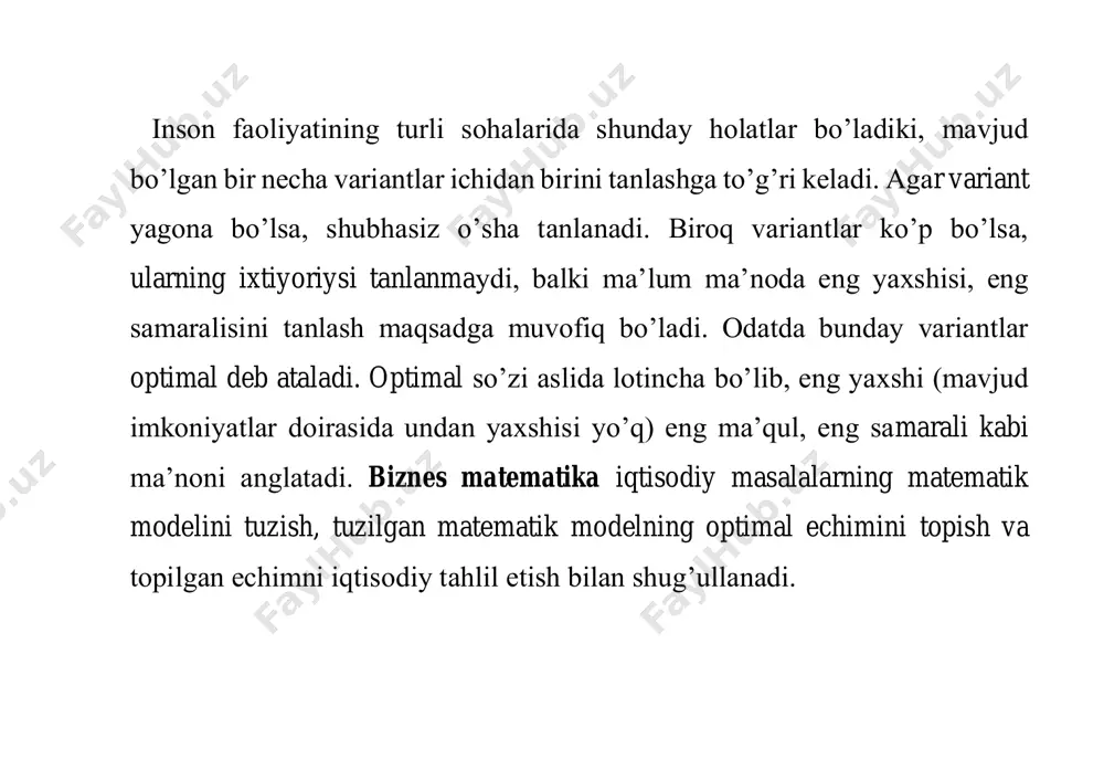 modelni qo‘llanilishi iqtisodiy tahlilni miqdor jihatdan chuqurlashtiradi, iqtisodiy axborotlar sohasini kengaytiradi. 2. eng sodda iqtisodiy masalalarning matematik modellari 1-masala: ishlab chiqarishni rejalashtirish masalasi. 1.1. ikkita 1p va 2p turdagi mahsulotlarni tayyorlashda to‘rt xil 321 ,, sss va 4s turdagi resurslardan foydalaniladi. mahsulotlar birliklarini tayyorlashda sarflanadigan resurslar zaxirasi, resurslarni birliklar soni quyidagi jadvalda keltirilgan (raqamlar shartli) 1p va 2p mahsulotlarni birligidan olinadigan foyda mos ravishda 2 va 3 pul birligiga teng. ishlab chiqarish rejasini shunday tuzish kerakki, ularni sotishdan keladigan foyda maksimal bo‘lsin. resurs turi resurs zaxirasi mahsulotni bir birligini tayyorlashda sarflanadigan resurslarning birlik soni 1p 2p 1s 18 1 3 2s 16 2 1 3s 5 - 1 4s 21 3 - yechish. masalaning iqtisodiy – matematik modelini tuzamiz. ishlab chiqarishga rejalashtirilgan 1p va 2p turdagi mahsulotlar birligini mos ravishda 1x va 2x bilan belgilaymiz. ularni tayyorlash uchun (1.2.1-jadval) 1s resursdan ( )21 31 xx + birlik, 2s resursdan ( …