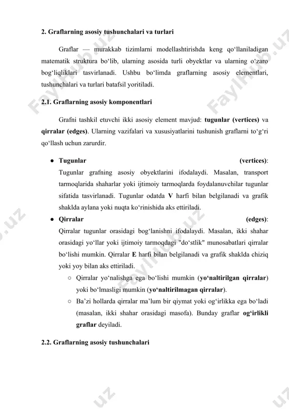 o‘l (simple path) deb ataladi. · masalan, yo‘lni aniqlash kompyuter tarmog‘ida ma’lumotlar paketining marshrutini belgilashda muhim ahamiyatga ega. 2. sikl (cycle): bir tugundan boshlanib, boshqa tugunlar orqali o‘tib, yana shu tugunga qaytib keluvchi yopiq yo‘l sikl deyiladi. siklning barcha tugunlari va qirralari har xil bo‘lishi kerak. · sikl tarmoqlarda aylanish (loop)larni aniqlash uchun qo‘llaniladi, masalan, energetika tarmoqlarida. 3. daraja (degree): tugunning darajasi uning qanchalik ko‘p bog‘langanligini bildiradi. agar graf yo‘naltirilgan bo‘lsa, daraja kirish darajasi (in-degree) va chiqish darajasi (out-degree) ga ajratiladi. · misol: twitter foydalanuvchisining “obunachilari” kirish darajasini, “obuna bo‘lganlari” chiqish darajasini ifodalaydi. 4. qo‘shni tugunlar (adjacent vertices): bir qirra bilan bog‘langan tugunlar qo‘shni tugunlar deyiladi. · masalan, transport tizimida bir yo‘l orqali bog‘langan shaharlar qo‘shni hisoblanadi. 5. ulanuvchanlik (connectivity): grafdagi har bir tugundan boshqa har qanday tugunga yo‘l mavjud bo‘lsa, bunday graf ulanuvchan (connected) deyiladi. agar graf ulanuvchan bo‘lmasa, u bir nechta alohida komponentlardan iborat bo‘lishi mumkin. · bu …
