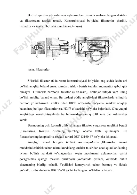 ishlatilganda qadam xatoligi fiksatsiyalovchi vtulka bilan barmoqning birikmasidagi oraliq s ga kamayadi. yordamchi qurilmalar qatoriga moslamadan kichik detallarni olib qo’yishni tezlashtiradigan turli konstruktsiyali itarib chiqaruvchi qurilmalar ham kiradi. maxsus texnologik usullarni bajarish uchun ko’tarish mexanizmlari ishlatiladi. kengaytirish moslamasining ko’tarish mexanizmi bunga misol bo’lishi mumkin (6.6-rasm). agar bir xil diametrli ketma-ket joylashgan bir nechta teshikni birdaniga kengaytirib ishlash zarur bo’lsa, ish boshlashdan oldin borshtshtangani konduktorga o’tkazib bo’lmaydi. zagotovka o’rnatilgan ko’tarish qurilmasidan foydalansa, zagotovka ko’tarilib ishlanmagan teshiklar o’qlari bortshtanga o’qiga nisbatan suriladi va kengaytirish asbobini zagotovkadan konduktorga o’tishi mumkin bo’ladi. rasm. kengaytirish moslamasining ko’tarish mexanizmi. adabiyotlar ro'yxati: 1. jt. в. перегудов, a x- хошимов вабошк,. автоматлаштирилган корхона станоклари.—т.: узбекистон, 1999. 2. грановский г.и. и др. резание металлов: учебник для машиностр. и приборостр. спец. вузов.-м.: высш. шк., 1985. 3. технология обработки конструкционных материалов: учебникдля машиностр. спец. вузов. под ред. п.г. петрухи.—м.: высш. шк., 1991. 4. бобров в.ф. основы теории резания, машиностроение, 1975. 5. …