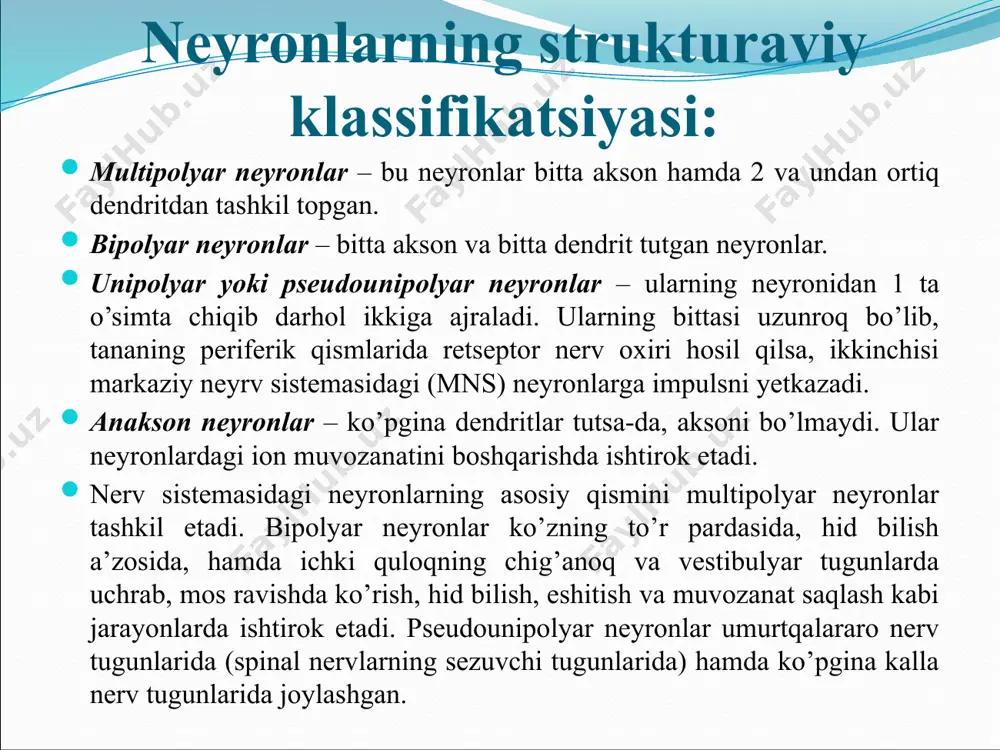 ishiga ko'ra neyronlar afferent neyronlar effektiv neyronlar neyronlar boshqa neyronlarga ta'siriga ko'ra qo'zg'atuvchi neyronlar inhibitory yoki gabaergik neyronlar modulatorlar chiqish tartibiga ko'ra neyronlar tonik yoki muntazam tortishish bosqich yoki "yorilish" tezkor zarbalar neyrotransmitter ishlab chiqarish bo'yicha neyronlar xolinergik neyronlar gabaergik neyronlar glutamaterjik neyronlar dopaminerjik neyronlar serotonerjik neyronlar polarligiga qarab neyronlar yagona qutbli yoki psevdounipolyar pseudounipolarlar ikki qutbli ko'p qutbli anaksonik akson va soma orasidagi masofaga qarab neyronlar konvergent turli xil dendrit morfologiyasiga ko'ra neyronlar idiodendritik izodendritik allodendritik joylashuvi va shakliga qarab neyronlar piramidal neyronlar betz hujayralari savatdagi yoki savatdagi hujayralar purkinje hujayralari donador hujayralar plaseo hujayralari o'rta orqa miya neyronlari renshaw hujayralari unipolar cho'tka hujayralari old shox hujayralari milya neyronlari neyron turlari asosiy morfologiyaga ko'ra impulsning uzatilishiga, funktsiyasiga, yo'nalishiga, boshqa neyronlardagi ta'siriga qarab, ularning bo'shatish shakliga, neyrotransmitterlar ishlab chiqarilishiga, qutblangan akson va soma orasidagi masofaga qarab tasniflanishi mumkin. dendritlarning joylashishi va shakliga qarab. bizning miyamizda taxminan 100 milliard neyron mavjud. …