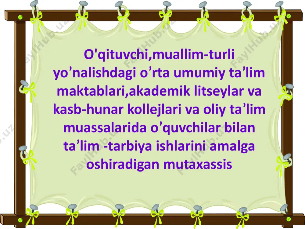 honishi,nutqi esa mutloqo toza,jumlalari mantiqiy ifodalanadigan bo’lishi lozim...... alisher navoiy haq yo’lida kim senga bir harf o’rgatmish ranj ila,aylamak emas oson oning haqqin yuz ganj ila’’,-kabi satrlar bitgan abu ali ibn sinoning fikricha : -o’qituvchi matonatli, sof vijdonli,rostgo’y va bolani tarbiyalash metodlarini,axloq qoidalarini yaxshi biladigan odam bo’lmog’i lozim. o'qituvchining pedagogik faoliyatida nutq texnikasini mukammal egallash muhim ahamiyatga ega. zero, nutq vositasida o'qituvchi bolaning his-tuyg'ularini uyg'otadi, o'quvchilar bilan ongli muloqotni ta'minlaydi, ta'lim-tarbiyaga oid ma'lumotlarni tahliliy idrok etadi. buning uchun bo'lajak o'qituvchi avvalo nutq sirlarini, uning o'quvchilar bilan bo'ladigan muloqotda ta'sir kuchini puxta bilishi kerak. nutqning o'ziga xos xususiyatlarini o'rganish uchun, nutq texnikasiga oid talablarni bilish lozim. bu talablar nutqning mantiq jihatdan to'g'ri, aniq, chiroyli, yorqin va maqsadga muvofiq bo'lishidir. nutqning asosiy xususiyatlari ushbu talablardan kelib chiqadi: 1. nutqning to'g'riligi va ravonligi. 2. nutqning aniqligi va ta'sirchanligi. 3. nutqning mantiqiyligi. 4. nutqning tozaligi va ifodaliligi. nutqning aniqligi va ta'sirchanligi – mazmundor nutqning …