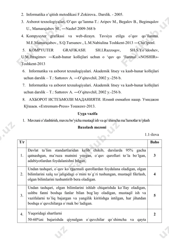 olash mezoni 1.1-ilova t/r baho 1. davlat ta’lim standartlaridan kelib chikib, darslarda 95% gacha qatnashgan, ma’ruza matnini yozgan, o`quv qurollari to`la bo`lgan, adabiyotlardan foydalanishni bilgan. 3 2. undan tashqari, o`quv ko`rgazmali qurollardan foydalana oladigan, olgan bilimlarini xalq xo`jaligidagi o`rnini to`g`ri tushungan, mustaqil fikrlash, olgan bilimlarini tushuntirib bera oladigan. 4 3. undan tashqari, olgan bilimlarini ishlab chiqarishda ko`llay oladigan, ushbu fanni boshqa fanlar bilan bog`lay oladigan, mustaqil ish va vazifalarni to`liq bajargan va yangilik kiritishga intilgan, har jihatdan boshqa o`quvchilarga o`rnak bo`ladigan. 5 4. yuqoridagi shartlarni 50-60%ni bajarishda qiynalgan o`quvchilar qo`shimcha va qayta topshirgan. 2