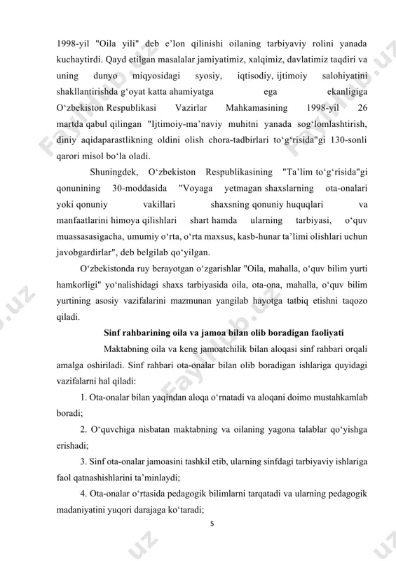 i vazifalarni hal qiladi: 1. ota-onalar bilan yaqindan aloqa o‘rnatadi va aloqani doimo mustahkamlab boradi; 2. o‘quvchiga nisbatan maktabning va oilaning yagona talablar qo‘yishga erishadi; 3. sinf ota-onalar jamoasini tashkil etib, ularning sinfdagi tarbiyaviy ishlariga faol qatnashishlarini ta’minlaydi; 4. ota-onalar o‘rtasida pedagogik bilimlarni tarqatadi va ularning pedagogik madaniyatini yuqori darajaga ko‘taradi; 5. sinfga otaliq qilayotgan tashkilotlar, oila va maktabga yordam beruvchi tashkilotlar bilan aloqa o‘rnatadi va ularni sinfdagi tarbiyaviy ishlarga jalb qiladi. sinf rahbarining o‘quvchini yaxshi tarbiyalashdagi oila va jamoatchilik bilan hamkorligining muvaffaqiyati ularning bola bilan qilayotgan ishlari haqida bir-birlariga qanchalik ko‘p, aniq va muntazam xabar berib turishlariga bog‘liq. ana shu maqsadda sinf rahbari oilaga bir qator tizimli axborotlar berib turishi kerak: - o‘quvchining o‘quv mehnatiga tavsifnoma, o‘qishdagi muvaffaqiyati va muvaffaqiyatsizligi, ularning sabablari, olayotgan baholari. - o‘quvchinnig ijtimoiy faolligi haqida axborotlar, o‘quvchining jamoa hayotidagi ishtiroki nimalardan iborat ekanligi, jamoat topshiriqlari va vazifalarning bor-yo‘qligi, sababi, ularga o‘zining munosabati. - o‘quvchining o‘z …