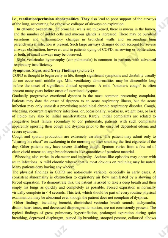 presenting complaint. patients may date the onset of dyspnea to an acute respiratory illness, but the acute infection may only unmask a preexisting subclinical chronic respiratory disorder. cough, wheezing, recurrent respiratory infections, or, occasionally, weakness, weight loss, or lack of libido may also be initial manifestations. rarely, initial complaints are related to congestive heart failure secondary to cor pulmonale, patients with such complaints apparently ignoring their cough and dyspnea prior to the onset of dependent edema and severe cyanosis. cough and sputum production are extremely variable. the patient may admit only to "clearing his chest" on awakening in the morning or after smoking the first cigarette of the day. other patients may have severe disabling cough. sputum varies from a few ml of clear viscid mucus to large bronchiectasis-like quantities of purulent material. wheezing also varies in character and intensity. asthma-like episodes may occur with acute infections. a mild chronic …