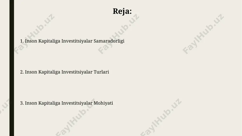 bu inson kapitaliga samarali sarmoya hisoblanadi. kam ta'minlangan oilalar farzandlarining ta'limiga qo'shimcha grantlar va stipendiyalar berish, inson kapitaliga ijtimoiy investitsiyalarni ko'paytirishga qaratilgan muhim siyosatdir. inson kapitaliga investitsiyalarni baholash usullari inson kapitaliga investitsiyalar samaradorligini baholashda net present value (npv) va internal rate of return (irr) kabi moliyaviy ko'rsatkichlar qo'llaniladi, bu yerda 10% dan yuqori irr investitsiyaning rentabelligini ko'rsatadi. trening va rivojlantirish dasturlari samaradorligini baholashda, 100 nafar xodimdan 80 nafari o'z bilimlarini amalda qo'llagan taqdirda, 80% muvaffaqiyat darajasi ko'rsatkichi qo'llanishi mumkin. inson kapitaliga investitsiyalarning iqtisodiy ta'siri inson kapitaliga investitsiyalar davlat byudjetidan ajratiladigan mablag'larning samaradorligini 2-3 baravar oshirishi mumkin, bu esa iqtisodiyotning uzoq muddatli barqaror o'sishini ta'minlaydi. inson kapitaliga investitsiyalar, ya'ni ta'lim va kasbiy tayyorgarlikka sarflanadigan mablag'lar, o'rtacha 10-15% gacha mehnat unumdorligining oshishiga olib keladi va iqtisodiy o'sish sur'atlarini tezlashtiradi. inson kapitaliga investitsiyalarning samaradorligi inson kapitaliga investitsiyalar, masalan, treninglarga sarflangan 1000 aqsh dollari miqdoridagi mablag' xodimlar ish unumdorligini 15% ga oshirishi va yillik …