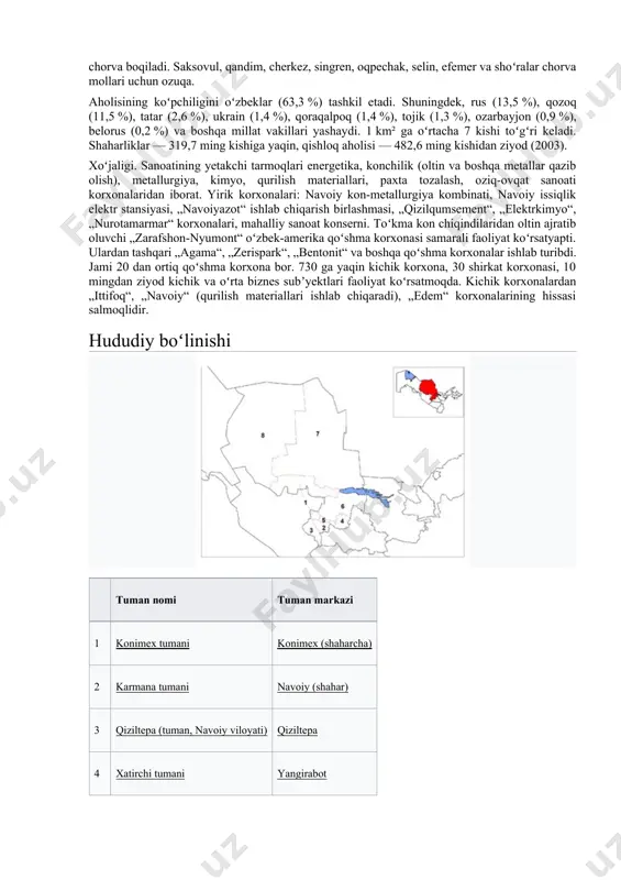 foydalanilmoqda. viloyat seysmik jihatdan 7 balli zilzila zonasiga kiradi. qizilkum choʻli tufayli iqlimi keskin kontinental choʻl iqlimi: yozi uzoq, quruq. issik, iyulda oʻrtacha temperatura 27,2—29,6°, kumda oftobda temperatura 60—70° gacha koʻtariladi. yanvarda oʻrtacha temperatura — 1,9° dan —0,6° gacha. choʻl va yaylovlarda, vohalarda iqlim oʻrtacha. yogʻin, asosan, bahor va qishda yogʻadi. yillik yogʻin 125-282 mm. vegetatsiya davri 177—212 kun. navoiy viloyatining asosiy suv manbai — zarafshon daryosi. zarafshondan konimex kanali chikarilgan. navoiy viloyatini suv bilan taʼminlashda quyimozor, toʻdakoʻl suv omborlari, konimex kanalining ahamiyati katta. viloyatning shim. va gʻarbiy katta qismi koʻchma qum barxanlari, unda-bunda uchraydigan gilli choʻllardan iborat. astragal, shuvok, shoʻra, isirik, qamish, zarpechak, saksovul, yulgʻun, va boshqa choʻl oʻsimliklari oʻsadi. choʻl tuproqlarida chirindi kam, ohak, gips, eruvchi tuzlar koʻp. choʻl oʻsimliklari, ayniqsa, shoʻra, shuvoq kabilar qorakoʻl qoʻylari va boshqa mollar uchun ozuqa boʻladi. bukantovda va mingbuloq botigʻida qobon, boʻri, chiyaboʻri, tulki, uzun dumli mushuk, choʻl mushugi, boshqa yerlarda malla …