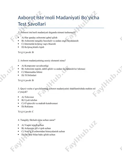 axborot iste'moli madaniyati bo'yicha test savollari — DOCX