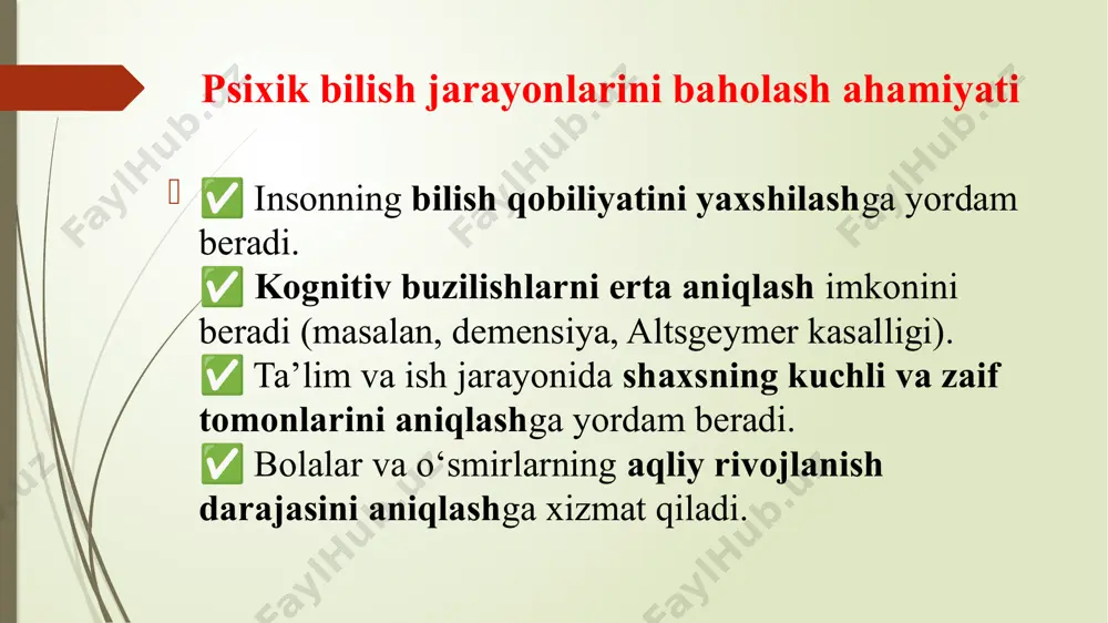 ki kattada quyidagi muammolar kuzatilsa, nutq diagnostikasi o‘tkazilishi tavsiya etiladi: ✅ 3 yoshgacha bolaning so‘z boyligi juda kam bo‘lsa. ✅ 4-5 yoshgacha aniq va tushunarli gapira olmasa. ✅ so‘zlarni noto‘g‘ri talaffuz qilsa yoki tovushlarni almashtirib yuborsa. ✅ muloqot qilishda qiyinchilik sezsa. ✅ grammatik jihatdan noto‘g‘ri gaplar tuzsa. ✅ so‘z topishda yoki tushunishda muammolar bo‘lsa. nutq diagnostikasi jarayoni 1️⃣ suhbat – bola yoki kattadan turli savollar so‘raladi. 2️⃣ testlar va mashqlar – maxsus topshiriqlar yordamida nutq darajasi tekshiriladi. 3️⃣ eshitish va talaffuz tekshiruvi – nutqiy tovushlarni aniqlik bilan farqlay olish baholanadi. 4️⃣ xulosa va tavsiyalar – muammo mavjud bo‘lsa, logoped yoki mutaxassislar kerakli mashqlar va terapiyalarni tavsiya qiladi. 4. xulosa psixik bilish jarayonlari insonning fikrlash, idrok, xotira va diqqat qobiliyatlarini shakllantiradi. ularni o‘lchash va baholash psixodiagnostika yordamida amalga oshiriladi. to‘g‘ri tanlangan test va metodlar orqali insonning bilish jarayonlarini tahlil qilib, ularni yanada rivojlantirish yo‘llarini aniqlash mumkin. bu ta’lim, kasb tanlash va …