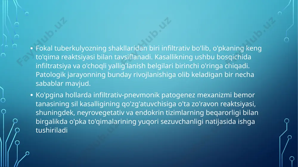 ning ko'payishi davom etmoqda, ammo immunitetni rivojlantirish uchun vaqt yo'q. bu vaqtda bakteriyalar eng ko'p to'plangan joylarda fagotsitoz boshlanadi. patogenlar polinuklear leykotsitlar tomonidan hujumga uchraydi va yo'q qilinadi. biroq, mikobakteriyalar bilan aloqa qilish immunitet hujayralarining o'limiga olib keladi. image2.png image3.png image4.png image5.png image6.png image7.png /docprops/thumbnail.jpeg