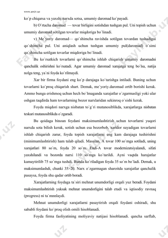 hu qadar ortib boradi. хarajatlarning foydaga ta`siri mehnat unumdorligi orqali yuz beradi. foydani maksimumlashtirish yuksak mehnat unumdorligini talab etadi va iqtisodiy ravnaq (progress) ni ta`mnnlaydi. mehnat unumdorligi xarajatlarni pasaytirish orqali foydani oshiradi, shu sababli foydani ko`proq olish omili hisoblanadi. foyda firma faoliyatining moliyaviy natijasi hisoblanadi. qancha sarflab, qancha foyda ko`rilgani firma ishining samarasini belgilaydi. shu boisdan iqtisodiyotda foydalilik yoki rentabellik deb ataladigan ko`rsatkich qo`llaniladi. uni aniqlash uchun olingan foyda qilingan xarajatlar bilan taqqoslanadi va xarajatlar birligiga qancha foyda to`g`ri kelishi ma`lum bo`ladi. ishlab chiqarish rentabelligi va mahsulot rentabelligi mavjud. ishlab chiqarish rengabelligi uning naqadar foyda bsrishini ko`rsatadi. foydalilik (rentabellik) darajasi foyda normasi bo`lib; ikki usulda aniqlanishi mumkin. birinchi usulda foyda miqdori ishlab chiqarishga qo`yilgan kapitalga bo`linadi va foizlarda ifodalanadi. masalan, firma 100 million so`m kapital quyib, 16 million so`m foyda ko`rsa rentabellik quyidagicha 16 foizga teng bo`ladi. bu olingan foyda firma sarflagan kapitalini necha foiziga teng degan ma`noni bildiradi. masalan, …