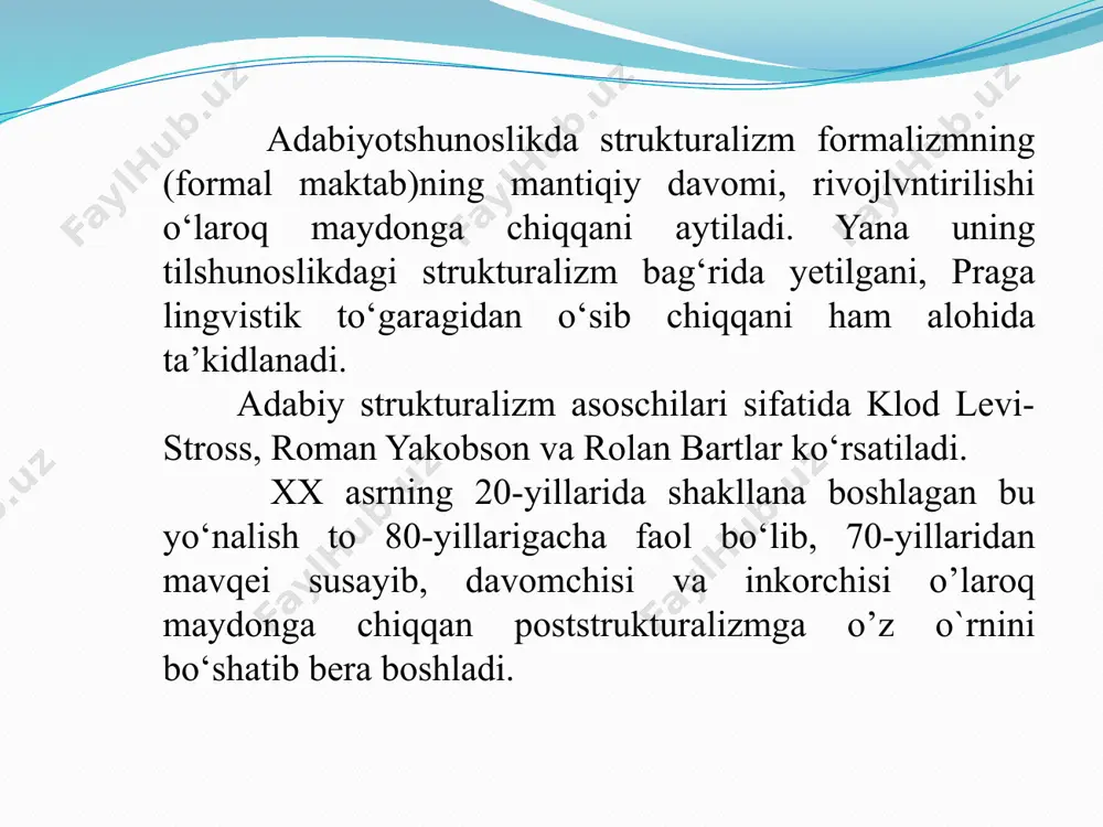 gan. ikkala holda ham badiiy matnning strukturaviy jihati belgilar tizimi sifatida ajratib olinadi. adabiy strukturalizmda bu “ikkilamchi semiotik sistema” (r.bart) yoki “ikkilamchi modellashtiruvchi sistema” bo‘lib, ikkala holda ham birlamchi tizim – tilning ustqurmasi sifatida qaraladi. yu.m. lotman badiiy matnni “alohida olingan, tugallangan va o‘z holicha qimmatga ega butunlik” deb qaraydi. uning uqdirishicha, bitta tekstdagi turli funksiyalarning murakkab o‘zaro aloqa-ta’sirini tushunmoq uchun avvalda ularning har birini alohida ko‘rib chiqish, ayni tekstning san’at asari bo‘lishini ta’minlayotgan ob’yektiv jihatlarni tadqiq etish zarur. olim matnni struktur tahlil qilishning bir qator umumiy qoidalarini qayd etadi: struktura tushunchasi eng avvalo sistem butunlik mavjudligini nazarda tutadi. o‘rganilayotgan hodisada strukturaviy (tizimga kiruvchi) va strukturadan tashqari elementlarni ajratish kerak. matn iyerarxik hodisa. matn ichki tashkillanishining iyerarxikligi ayni paytda strukturaviyligining muhim belgisidir. tekst va struktura bir-birini shartlantiradi va faqat ayni shu o‘zaro munosabatda reallik kasb etadi. 1, 2, 4, 7, 8, 2, 3, 4, 6, 8, 1, 4, 5, 7, …