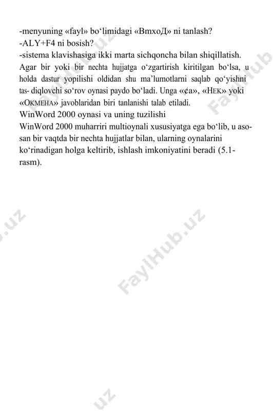 radi, shuning uchun ulardan ixtiyoriysiga sichqoncha yordamida o‘tish mumkin. windows 98 masalalar paneli sarlavha satrida tatbiqiy dasturning nomi joylashadi. agar hujjat oynasi to‘la oyna holatiga keltirilgan bo‘lsa, u holda sar- lavha satrida ushbu hujjat nomi ham ko‘rsatiladi. boshqa hollarda hujjat nomi mos oyna sarlavha satrida beriladi. agar yangi hujjatga nom berilma- gan bo‘lsa, u holda doimiy qabul qilingan birinchi hujjat uchun §onymekx 1, ikkinchisi uchun §onymekx 2 va hokazo nomlar beriladi. bundan tashqari, sarlavha satrining o‘ng burchagida oyna ko‘rinishini tanlash uchun uchta klavisha joylashgan. bulardan chapdan birinchisi oynani piktogrammaga aylantirish, ikkinchisi masalalar panelida joylashtirish, ya’ni to‘la oynaga yoki asl holiga keltirish va uchinchisi oynani yopish vazifalarini bajaradi. sarlavha satrini sichqoncha bilan ikki marta bossak, u holda oyna to‘liq bo‘lsa asl holiga va, aksincha, asl holida bo‘lsa to‘liq holga o‘tadi. asl holdagi oynani sarlavha satridan sichqoncha bilan ushlagan holda ekranning ixtiyoriy joyiga ko‘chirib o‘tkazish mumkin. hujjat oynasining sistema menyusi. hujjat oynasi …