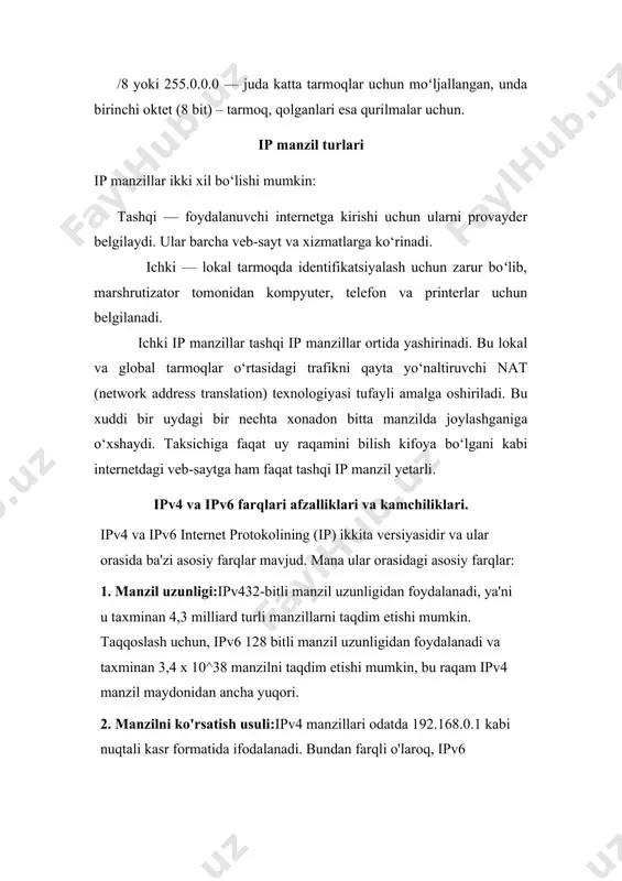 tni birlashtirish osonroq amalga oshirilishi mumkin, bu marshrutlash jadvallari hajmini kamaytirishga va marshrutlash samaradorligini oshirishga yordam beradi. 4. xavfsizlik:ipv6 shifrlash va autentifikatsiya qilish imkoniyatlarini ta'minlovchi ipsec (ip security) kabi o'rnatilgan xavfsizlik yordamini o'z ichiga oladi. 5. avtomatik konfiguratsiya:ipv6 avtomatik konfiguratsiyani qo'llab-quvvatlaydi, ya'ni tarmoq interfeysi manzil va boshqa konfiguratsiya ma'lumotlarini qo'lda sozlashsiz avtomatik ravishda olishi mumkin. 6. xizmat turlari:ipv6 multimedia va real vaqtda ilovalar kabi muayyan xizmat turlarini qo'llab-quvvatlashni osonlashtiradi. 7. mobillik:ipv6 mobil qurilmalarni qo'llab-quvvatlashni hisobga olgan holda ishlab chiqilgan bo'lib, mobil tarmoqlarda ipv6 dan foydalanish qulayroq bo'ladi. 8. sarlavha formati:ipv4 va ipv6 ning sarlavha formatlari ham har xil. ipv4 sarlavhasi o'zgarmas 20 bayt, ipv6 sarlavhasi esa o'zgaruvchan o'lchamga ega. 9. xizmat sifati (qos):ipv6 sarlavhasi qosni amalga oshirishni osonlashtiradigan ustuvor belgilar va trafik tasnifiga ruxsat beruvchi maydonni o'z ichiga oladi. 10. multicast va translyatsiya:ipv4 bilan solishtirganda, ipv6 multicast va translyatsiya funktsiyalarini yaxshiroq qo'llab-quvvatlaydi. ipv6 ipv4 ga nisbatan juda ko'p afzalliklarga ega, …
