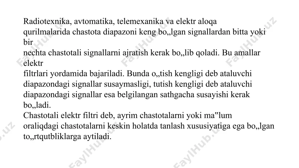 h koeffitsiyentiga ega tranzistor kuchaytirgichli filtrlar ham qo„llaniladi. oddiy elektr filtrlar induktiv g„altaklar va kondensatorlardan yig„iladi. filtrlar asosan radiotexnika, aloqa , telemexanika va avtomatika uskunalarida foydalaniladi. filtrlar odatda simmetrik т- yoki п-simon sxema bo„yicha yig„ilganligi sababli (5.1- rasm) ular ham to„rtqutbliklar yoki tarqoq parametrli liniyalar kabi so„nish va faza koeffitsiyentlari tushunchalari bilan tavsiflanadi. 5.1- rasm, a va b) da keltirilgan z1 , z2 , z4 qarshiliklar bo„ylama qarshiliklar va z3 , z5 , z6 va qarshiliklar esa ko„ndalang qarshiliklar deb ataladi. filtrlar k va m turlarga bo„linadi. bo„ylama va unga mos bo„lgan ko„ndalang qarshiliklar ko„paytmasi filtr uchun o„zgarib turadigan chastotaga bog„liq bo„lmagan qandaydir o„zgarmas k son kvadratiga teng bo„lsa, bunday filtrlar k turdagi, ya‟ni eng sodda filtrlar deb ataladi. mazkur ko„paytma signallar chastotasiga bog„liq bo„lgan filtrlar esa m turdagi filtr deb ataladi. k turdagi filtrlar yuklamasining qarshiligi filtr to„liq qarshiligiga teng, ya‟ni uning yuklamasi moslangan bo„lishi kerak. m turdagi filtrlarda …
