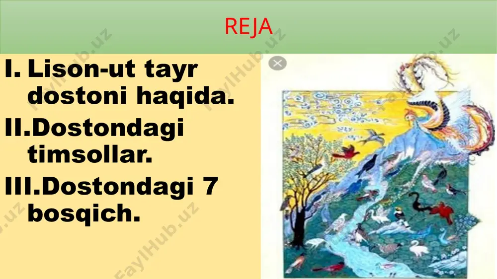 ar keltiriladi. ularda turli obrazlar uchraydi. ularni quyidagicha guruhlab o’rganishni ma’qul topdik: payg’ambarlar obrazi. diniy – tasavvufiy obrazlar. tarixiy shaxslar timsoli. mifologik obrazlar. ishq-muhabbat bilan bog’liq an’naviy obrazlar. yusuf payg’ambar o’zbek mumtoz adabiyotida, qolaversa alisher navoiy asarlarida o’ziga xos go’zallik sifatida ta’riflanadi. ‘’lison ut-tayr’’ dostonida ham bir necha bor yusuf payg’ambar obrazi keltirib o’tiladi: dard-u g’am erdi anga yor-u nadim, hajr zindonida yusufbek muqim. e’tiboringiz uchun rahmat image1.png image2.png image3.png image4.png image5.png image6.png image7.jpeg image8.png image9.png /docprops/thumbnail.jpeg
