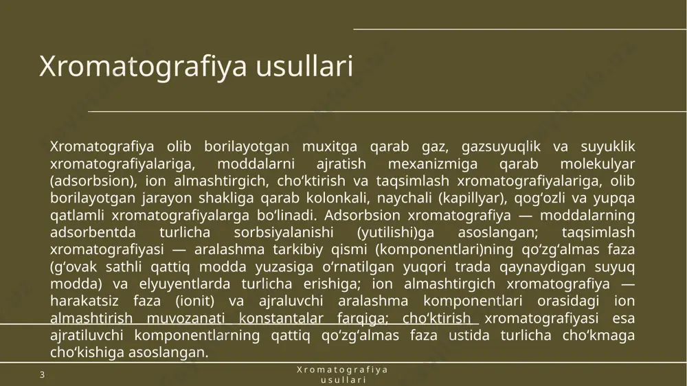 tirgichlarda ion almashinuvchi proton (n+) elektrolit kationiga, anion almashinuvchilarda esa ion almashinuvchi guruhi (on-) elektrolitlar anioniga almashtiriladi. 16 заголовок презентации 20гг 2. aralashmada bo'linish xromatografiyasi. tarqatish koeffitsientlari farqiga ko'ra a va v moddalarni ikki xil fazaga ajratishga asoslanadi.taqsimot koeffitsientiga ko'ra a moddaning harakatchan fazaga moyilligi 9 marta, b moddaning moyilligi statsionar faza 10 barobar ko'p. a moddasi mobil fazaga kiradi va tezroq harakat qiladi, b moddasi esa past taqsimot koeffitsienti tufayli statsionar fazada qoladi. 17 заголовок презентации 20гг etiboringiz uchun rahmat 20гг image1.jpeg image2.jpeg image3.png image4.jpeg image5.png image6.jpeg thin layer chromatography