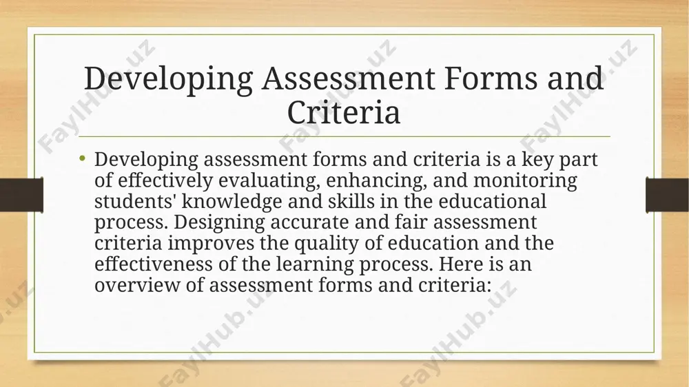 the learning goals and support fair assessment. simplicity and understandability: criteria should be easily understood by both students and teachers, helping students comprehend how they will be evaluated and prepare accordingly. assessment criteria relevance: criteria should align with the learning objectives. if the goal is to develop specific skills, the assessment criteria should also focus on those areas.grading scales: each criterion should include levels of achievement, such as “excellent,” “good,” “satisfactory,” and “unsatisfactory.” this helps students better understand their performance.flexibility: assessment criteria should be adaptable to students' individual characteristics and developmental levels. steps in developing assessment criteria the development of assessment criteria involves several steps: defining learning objectives: the first step is to identify the main goals of the course and specify the knowledge, skills, and competencies students should acquire. developing tasks and questions: tasks and questions that form the basis of criteria are created. these tasks guide students towards …