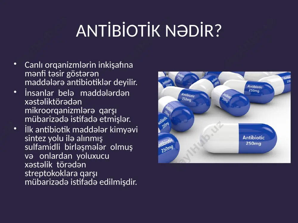 kristal birləşmə olan nitrofenol turşusu almış və onun sibir yarası törədən bakteriyaların inkişafını dayandırdığını göstərmişdir. anti̇bi̇oti̇kləri̇n kəşfi̇ 1898-ci ildə emmeriks və lou pseudomonas pyocianeum bakteriyasının inkişafı dayandıran antibiotik maddə haqqında məlumat vermiş və onu piosianaza adlandırmışlar. piosianazadan yerli antiseptik kimi istifadə olunmuşdur. 1910-1913-cü illərdə blek və alsberq penicillium cinsli göbələklərdən antimikrob xassəyə malik penisillin turşusunu ayırmışlar. anti̇bi̇oti̇kləri̇n kəşfi̇.penisillin. bioloji mənşəli ilk antibiotik maddə-penisillin 1923-cü ildə ingilis alimi fleminq tərəfindən kəşf edilmişdir. o, əvvəlcə yaşıl kifin stafilokoklara mənfi təsir etdiyini göstərmiş, sonra isə onu təmiz kulturaya çıxarmışdır. onun ayırdığı göbələk penicillium notatum növü idi. antibakterial xassəyə malik olan göbələyin kultural mayesi fleminq tərəfindən penisillin adlandırılmışdır. 1938-ci ildə çeyn penisillinin tədqiqini davam etdirmişdir. 1940-cı ildə çeyn və flori kif göbələyindən təmiz penisillin almış və onun bakteriyalara öldürücü təsir etdiyini göstərmişlər. antibiotiklər haqqında təlimin tarixi də elə bu ildən götürülmüş və indiyə qədər aparılan tədqiqatlar nəticəsində müəyyən edilmişdir ki, antibiotik maddələrini bakteriya, aktinomiset, …